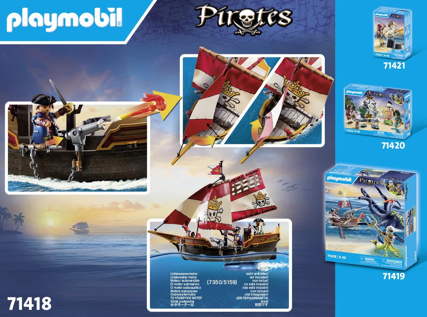 PLAYMOBIL Pirates 71418 Nave Pirata, emozionanti Avventure piratesche, playset con Molti Accessori Come Un telescopio, Una Bussola e cannoni, Giocattolo per Bambini dai 4 Anni in su