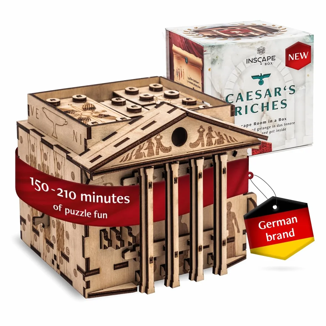 INSCAPE Caesar´s Riches Puzzle Box - Cluebox - Escape Room in legno in una scatola per adulti, puzzle mentale, scatole puzzle con scomparti nascosti, gadget regalo di compleanno per uomini e donne
