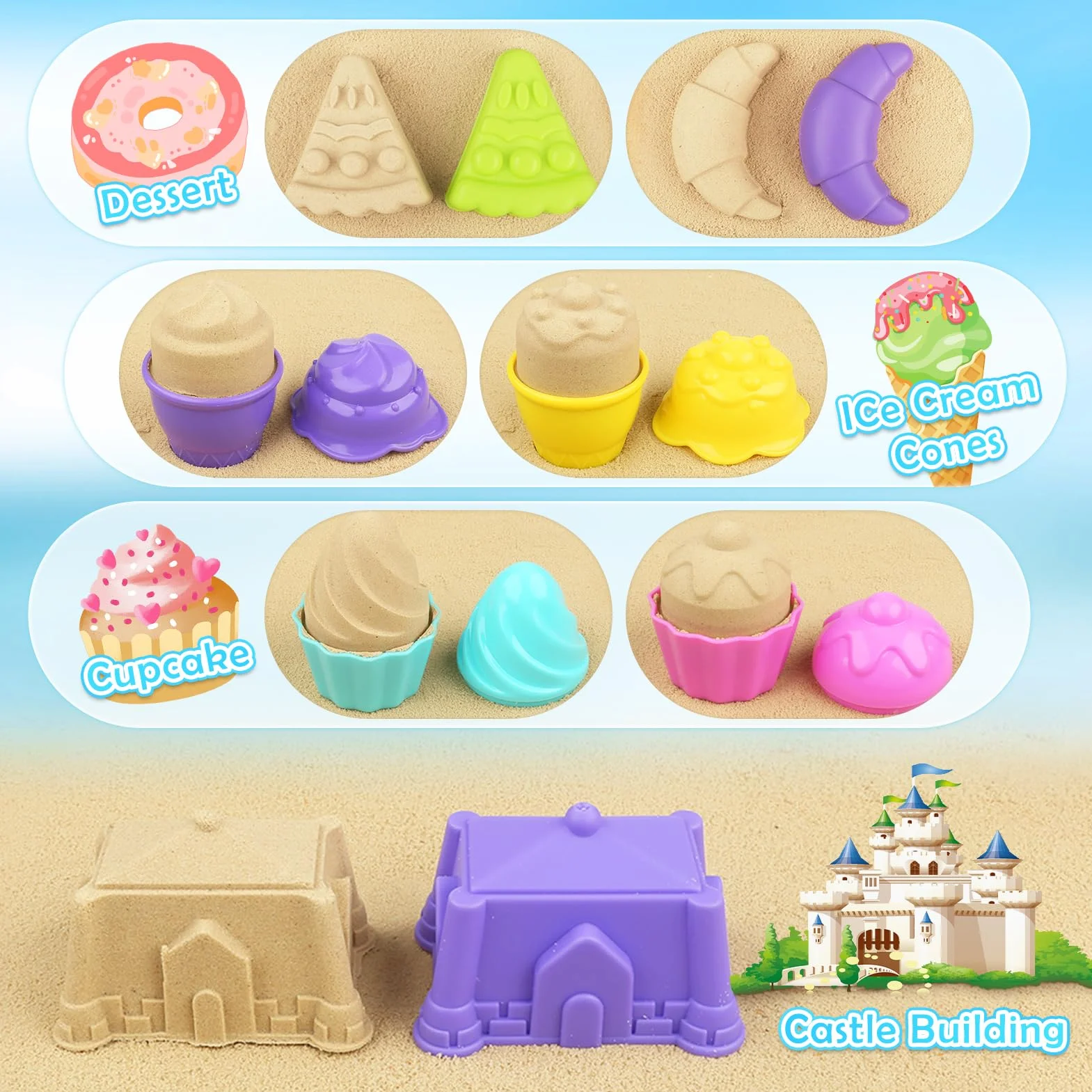Joyreal 49 Pezzi Gelato Giochi Spiaggia Bambini - Secchiello Pieghevole, Paletta, Borsa Rete, Stampi per Dolce