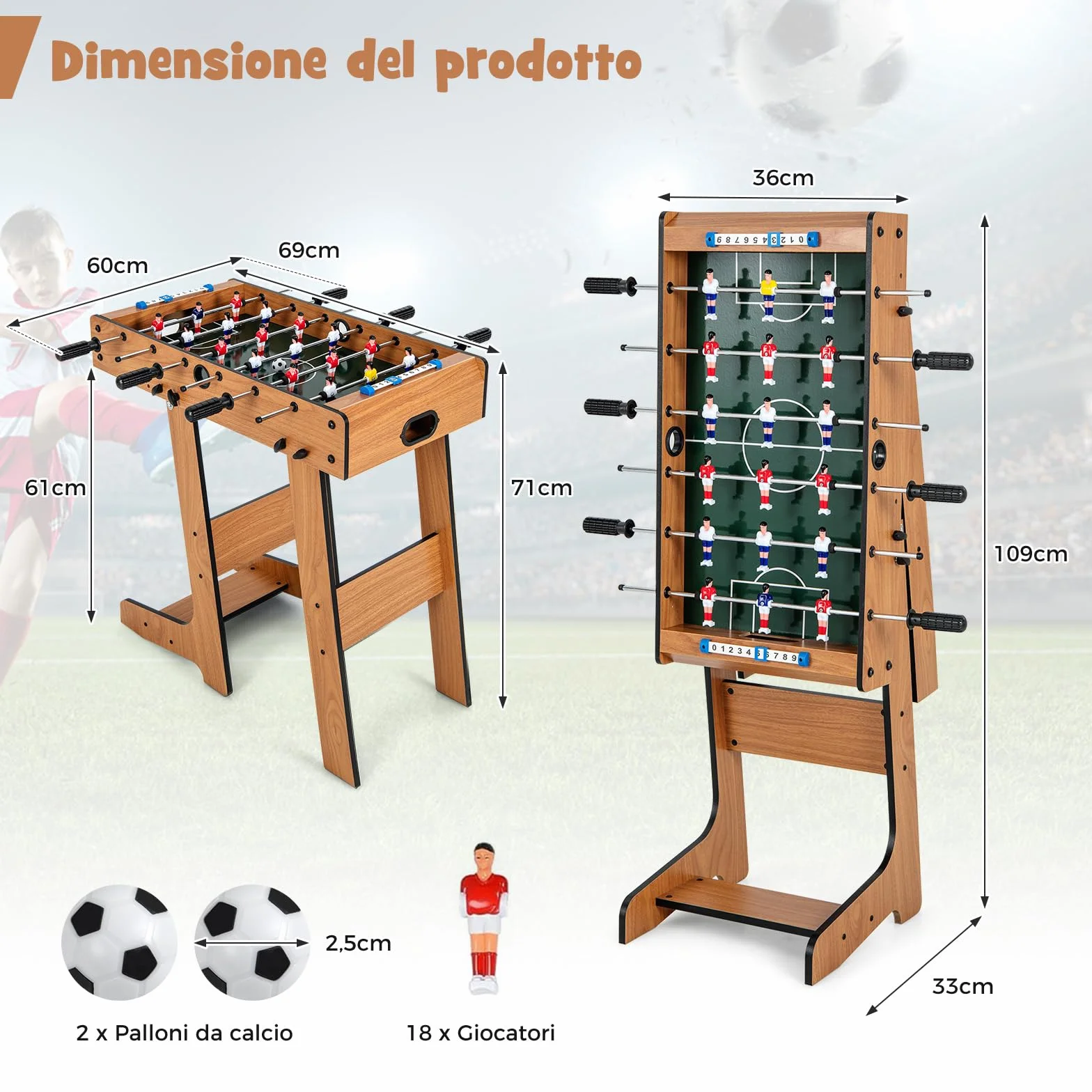 RELAX4LIFE Calcio Balilla Pieghevole in Legno per Bambini e Adulti, 6 Aste, 18 Giocatori, 2 Palline e Segnapunti, Biliardino da Casa Salvaspazio con Maniglie Antiscivolo, 69 x 60 x 71 cm, XC924846IT