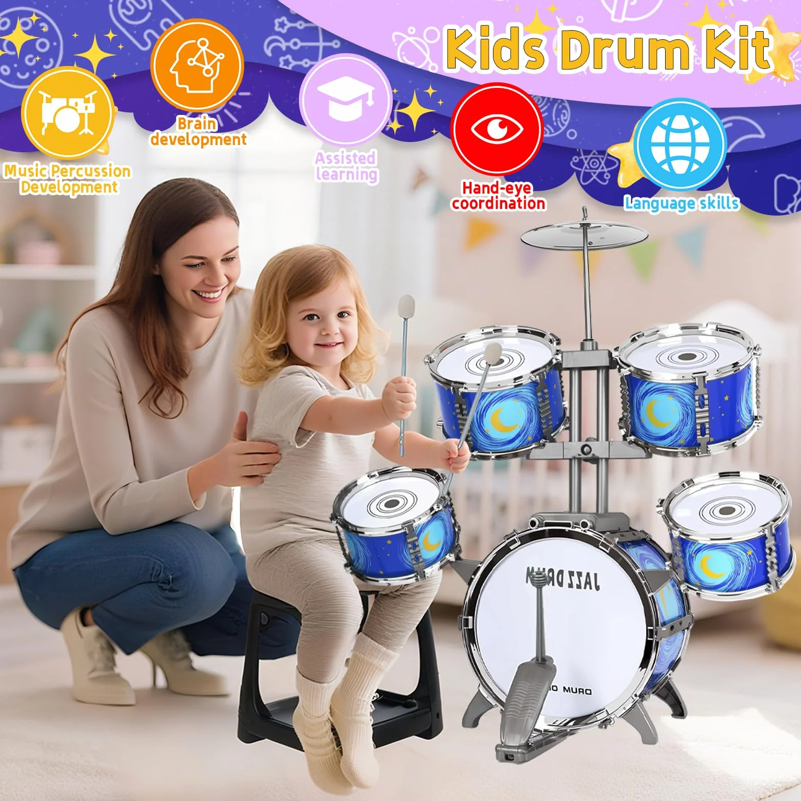 Batteria Bambini Giocattolo, 5 Tamburi Batteria Jazz Kit Strumento Musicale Percussione Educativo Giocattolo con Sgabello per 3 4 5 6 Anni Principianti Ragazzi Ragazze Compleanno Natale Regali, Blu