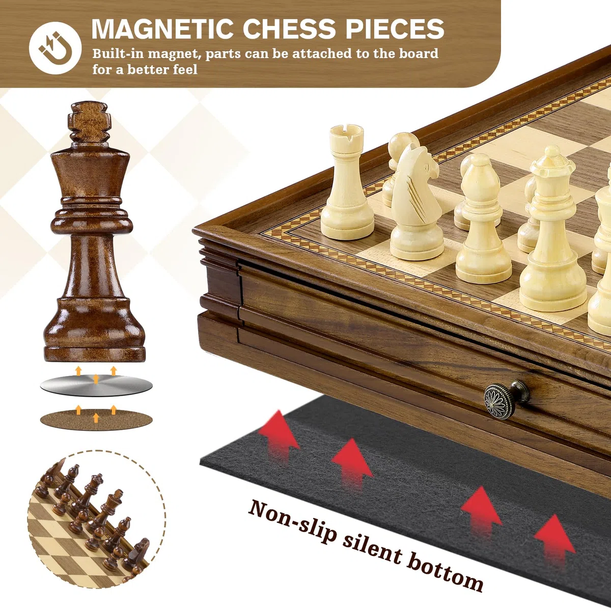 Peradix Scacchi Dame Game 2 in 1 Scacchiera Magnetica in Legno di Noce 38 x 38 cm con Cassetto