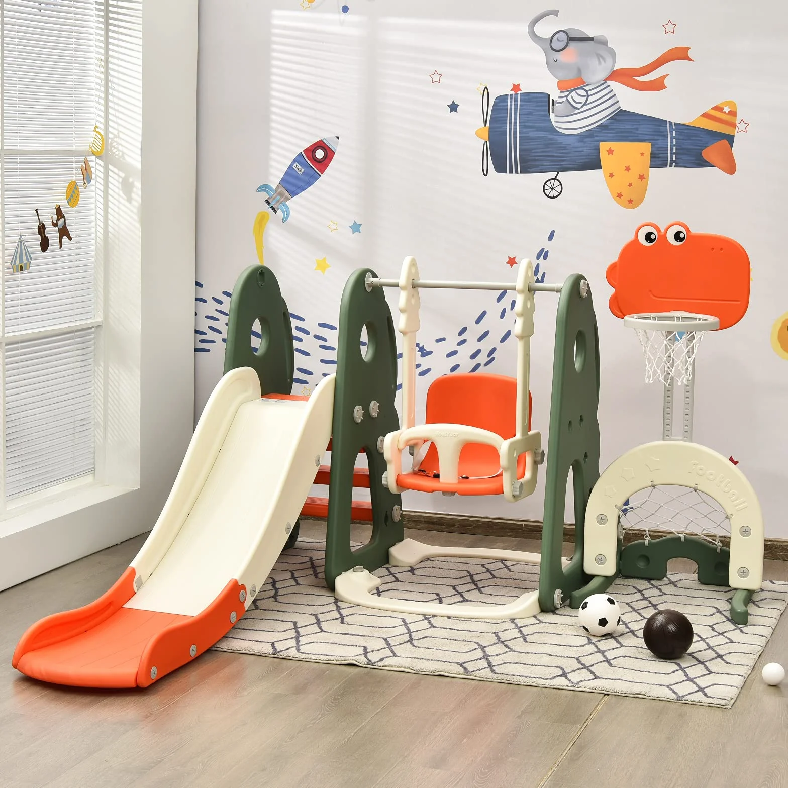COSTWAY 6 in 1 Parco Giochi per Bambini, con Altalena Scivolo Canestro da Basket Golf, Parco Giochi per Bambini da Esterno ed Interno, 172x182x108-120cm, 18 Mesi+ (Arancione)