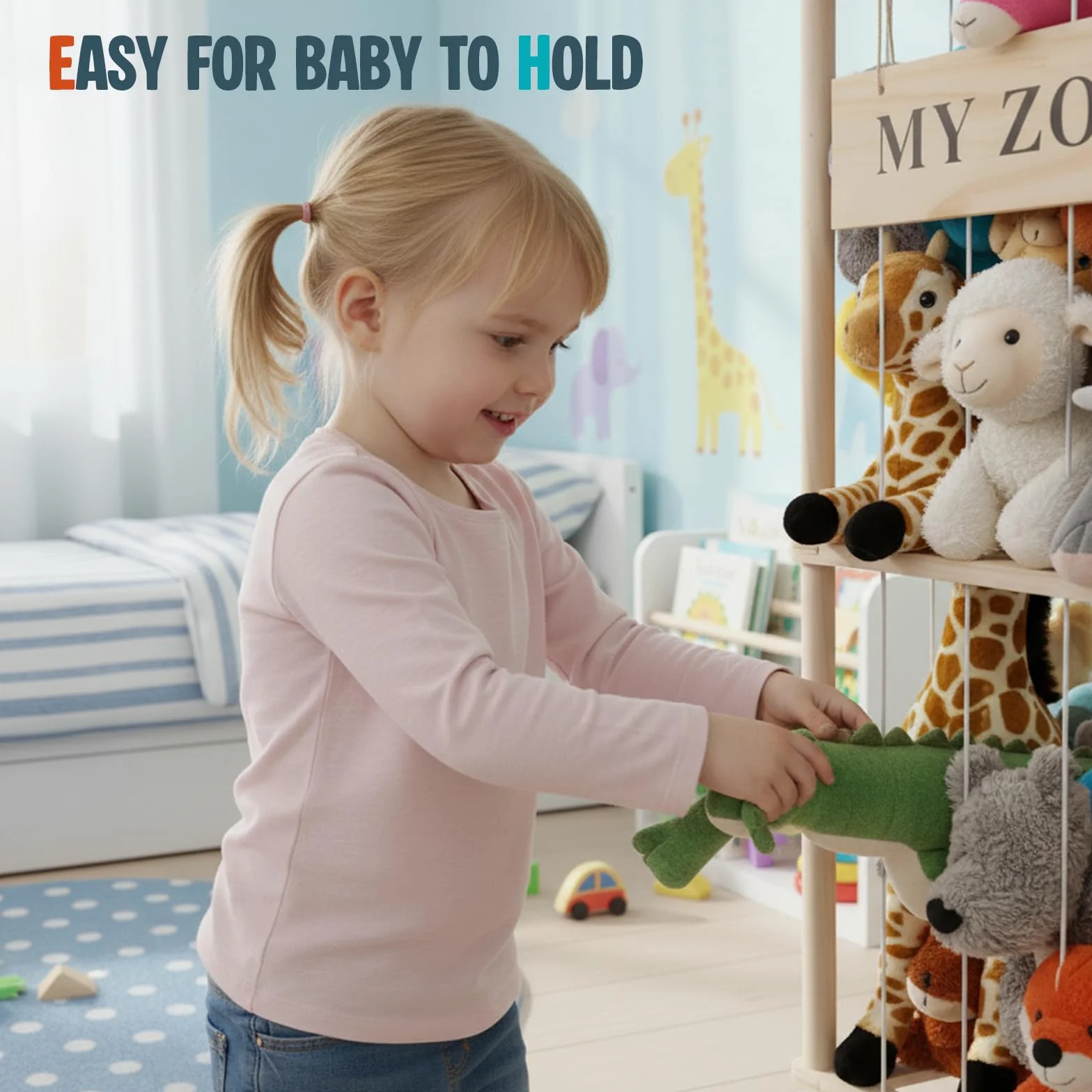 Porta Peluche Verticale a 2 Ripiani, Portapeluche con Ruote Frenate a 360°, Organizer per Animali di Peluche e Giocattoli, per Camera dei Bambini, Sala Giochi, Soggiorno, 95 x 40 x 40 cm