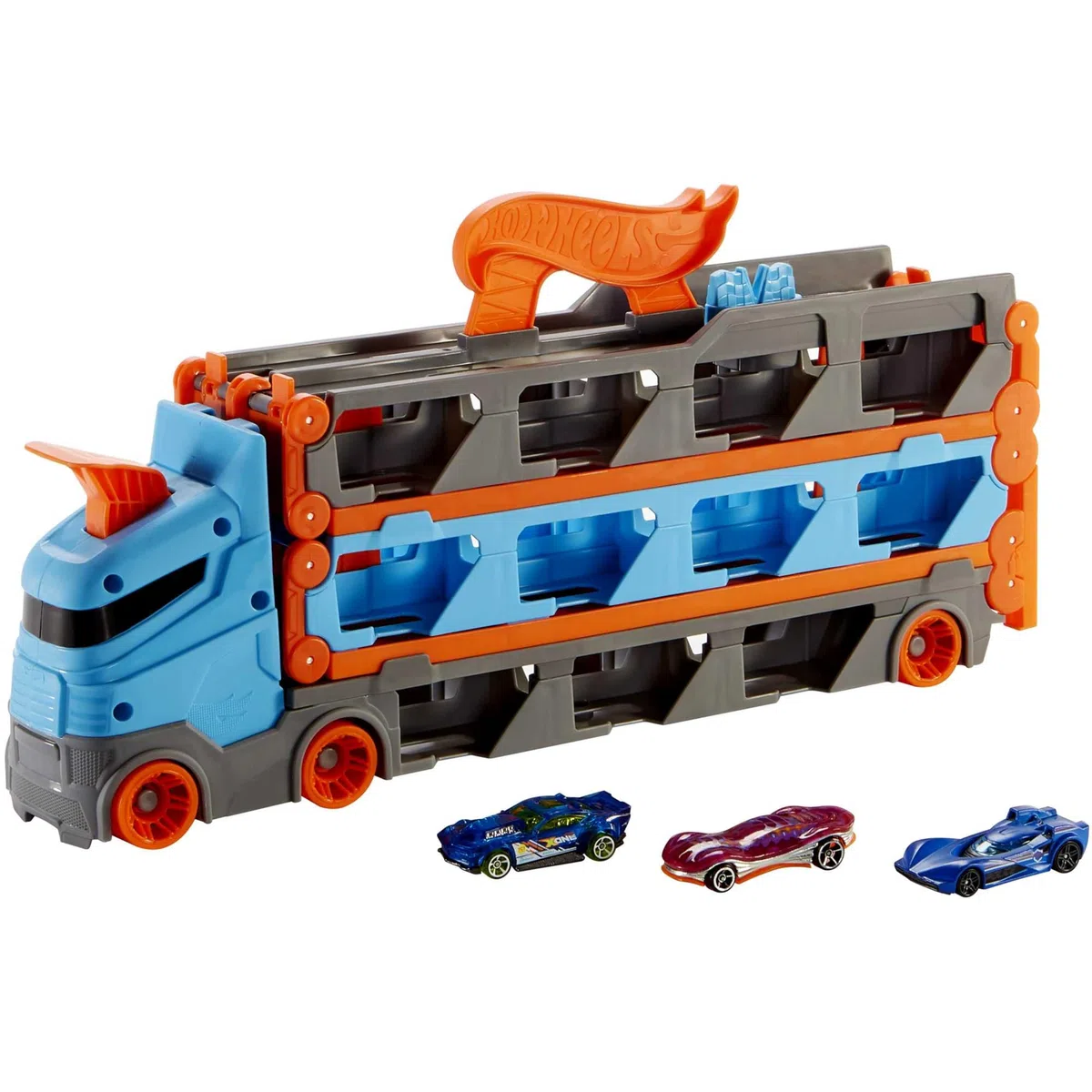 Hot Wheels Camion 2 in 1 Trasportatore e Pista GVG37 con 3 Macchinine, Giocattolo per Bambini 4+