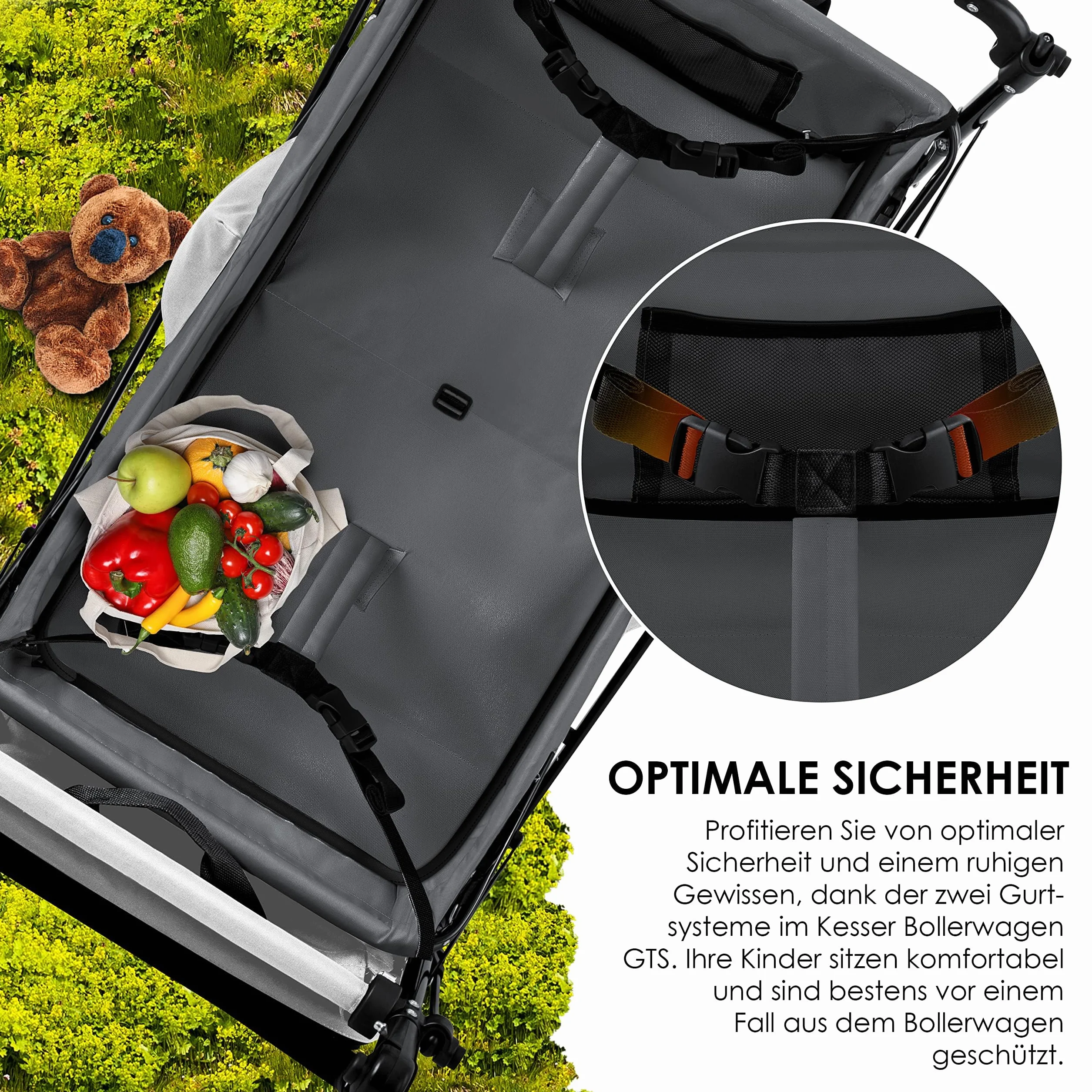 KESSER® - Carrello pieghevole manuale GTS-9100 con tettoia, carrello pieghevole con 2 sistemi con cinture a 3 punti, ruote in gomma girevoli a 360° e sistema di prolungamento interno, freno anteriore
