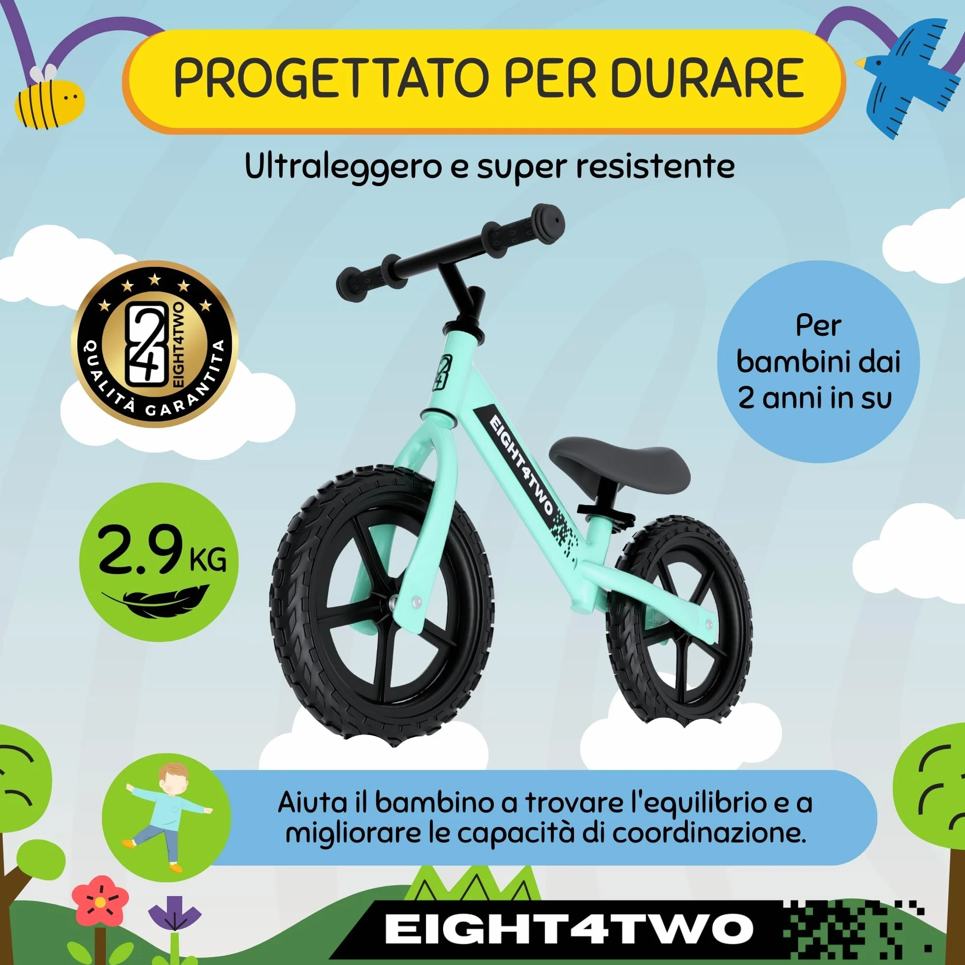 EIGHT4TWO Bicicletta senza pedali per bambini 2, 3, 4 e 5 anni - Bicicletta senza pedali Ideale per bilanciamento - Giocattoli per bambini di 2, 3, 4 e 5 anni.