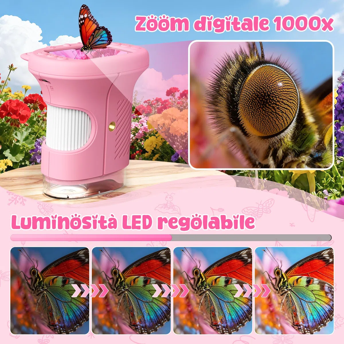 2 in 1 Microscopio Digitale e Telescopio per Bambini, 1000x Zoom, Schermo da 2,4 Pollici, Schermo HD da 2 MP, 8 Luci LED - Un Regalo Perfetto per Bambini Dai 6 ai 12 Anni