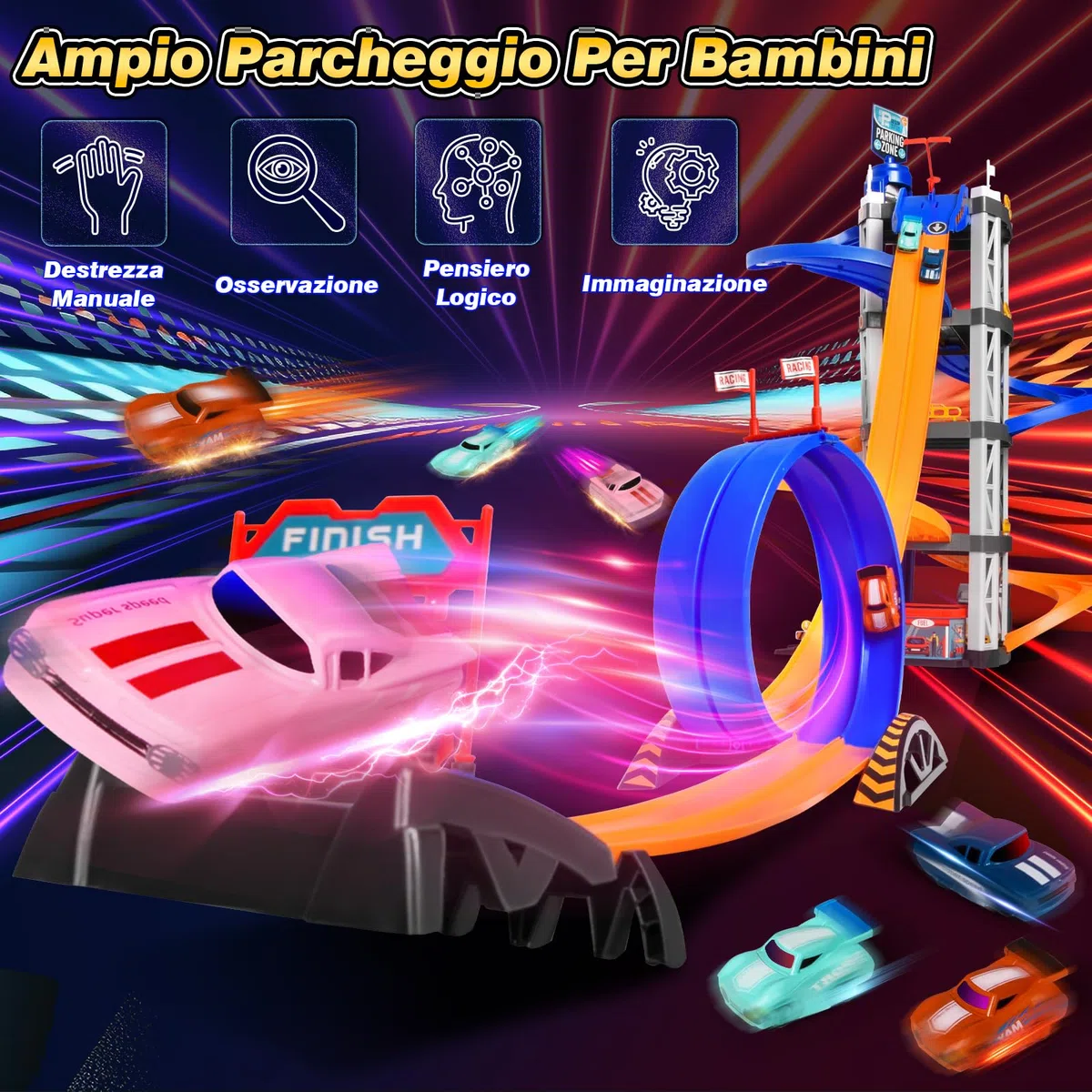 Charmofun 5 Piani Garage Macchine per Bambini, Grande Pista Macchinine Parcheggio Macchinine con 8 Auto, Ascensore, Luci e Suoni, Giocattolo Auto Garage per Bambini 3 4 5 6 7 8 Anni