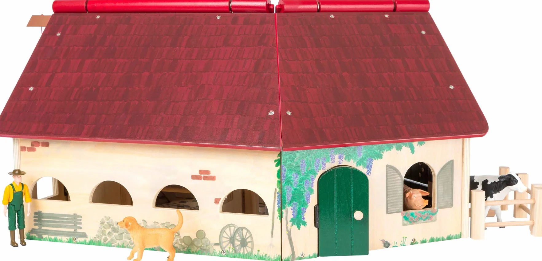 WoodFriends 11005 Azienda agricola in legno con animali, recinto, recinto, gru, scala e contadino, a partire dai 3 anni di età