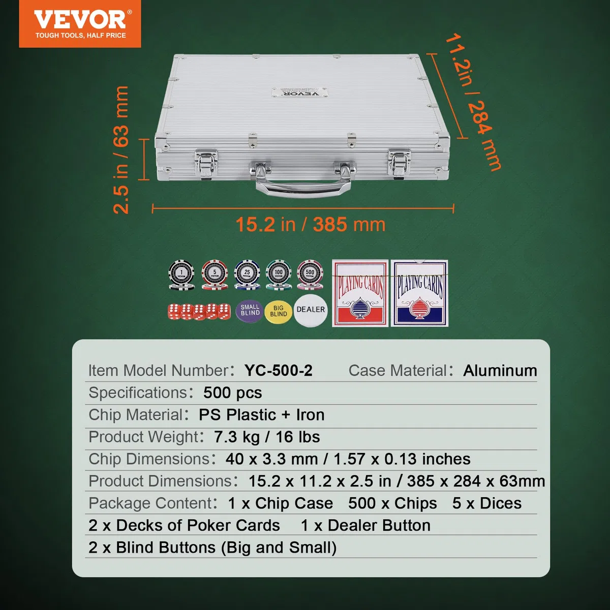 VEVOR Set Poker 500 Pezzi Valigetta Alluminio Fiches Carte Bottoni Dadi Texas Hold'em Blackjack