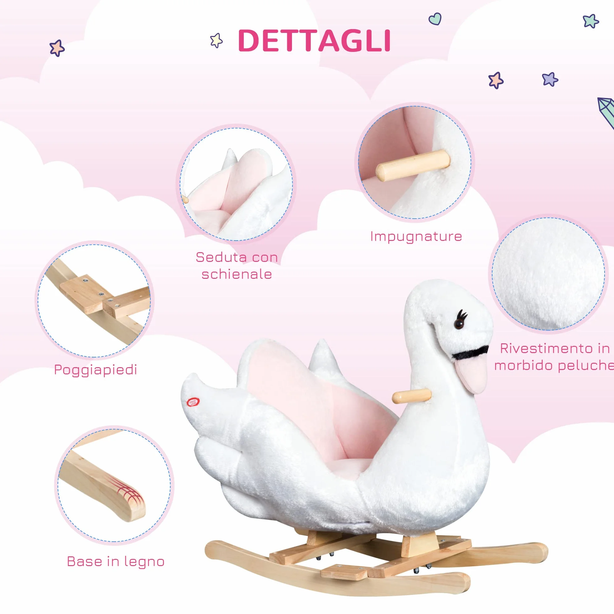 HOMCOM Cavallo a Dondolo a Forma di Cigno con Musica, Cavalluccio a Dondolo con Struttura in Metallo e Legno, Rivestimento Peluche, 60x40x57cm, Bianco