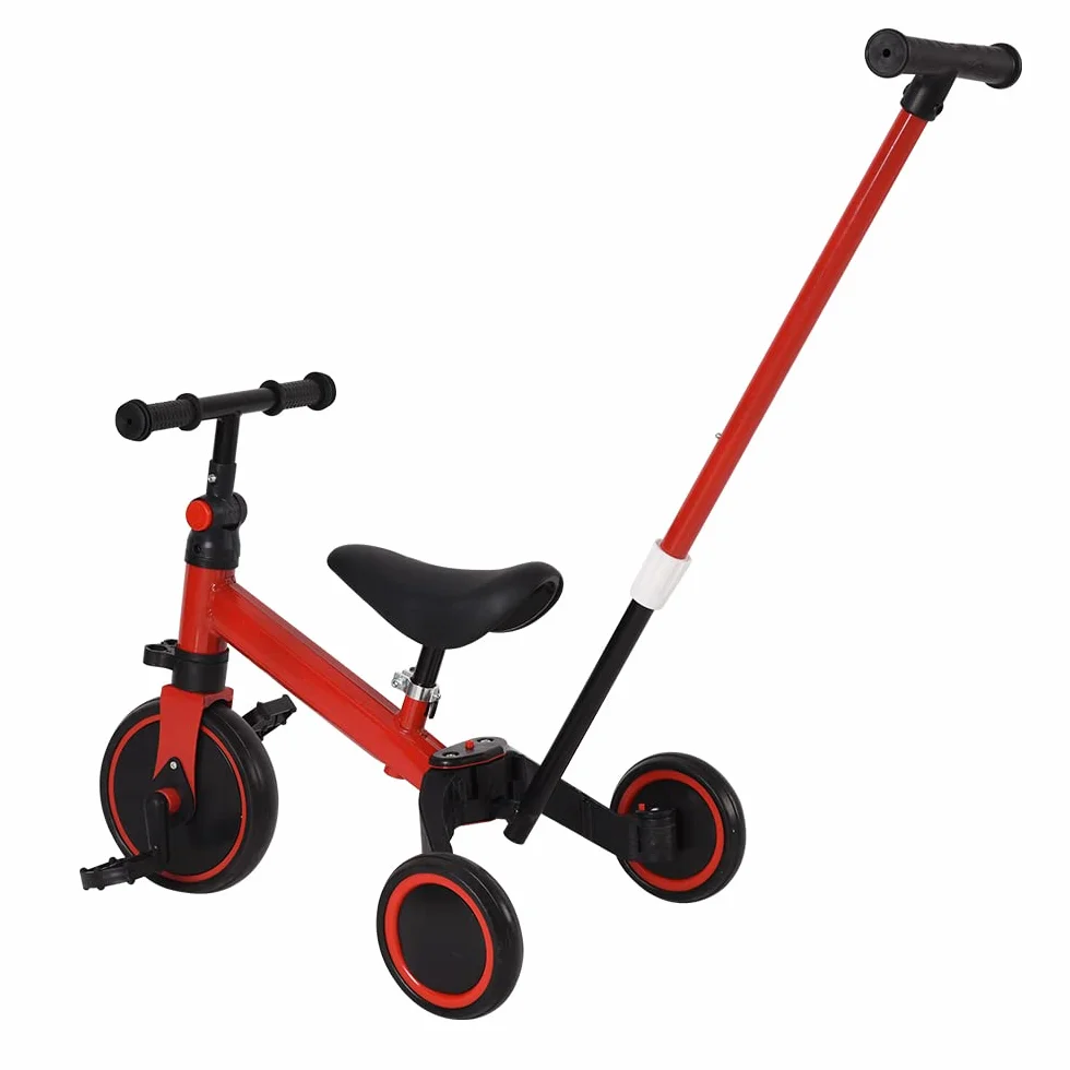 Triciclo Bambini, Triciclo Bimba e Bimbo con Maniglione ad Altezza Regolabile, Max 25 kg, Giochi per Bambini 18 Mesi, 2-5 Anni, Ruote Silenziose, Asta di Spinta-3 in 1 (rosso)