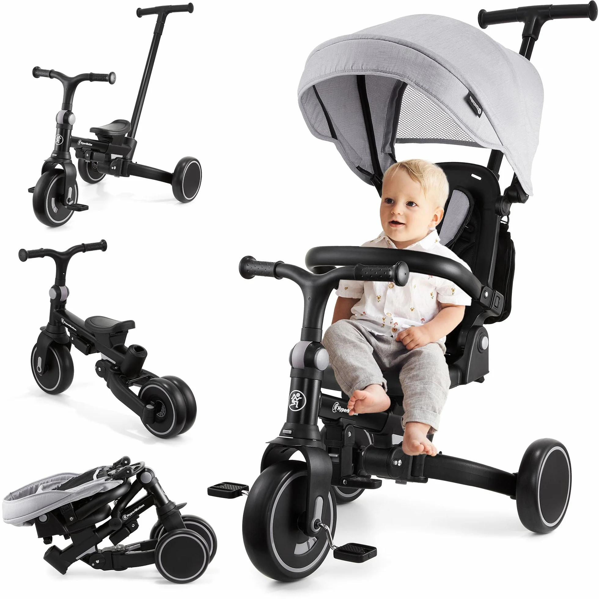 HyperMotion Triciclo Evolutivo 8 in 1 – Triciclo Passeggino Reclinabile e Pieghevole con Seduta Girevole 360° – con Cappottina, Maniglione e Cintura – per Bambini 1-5 Anni