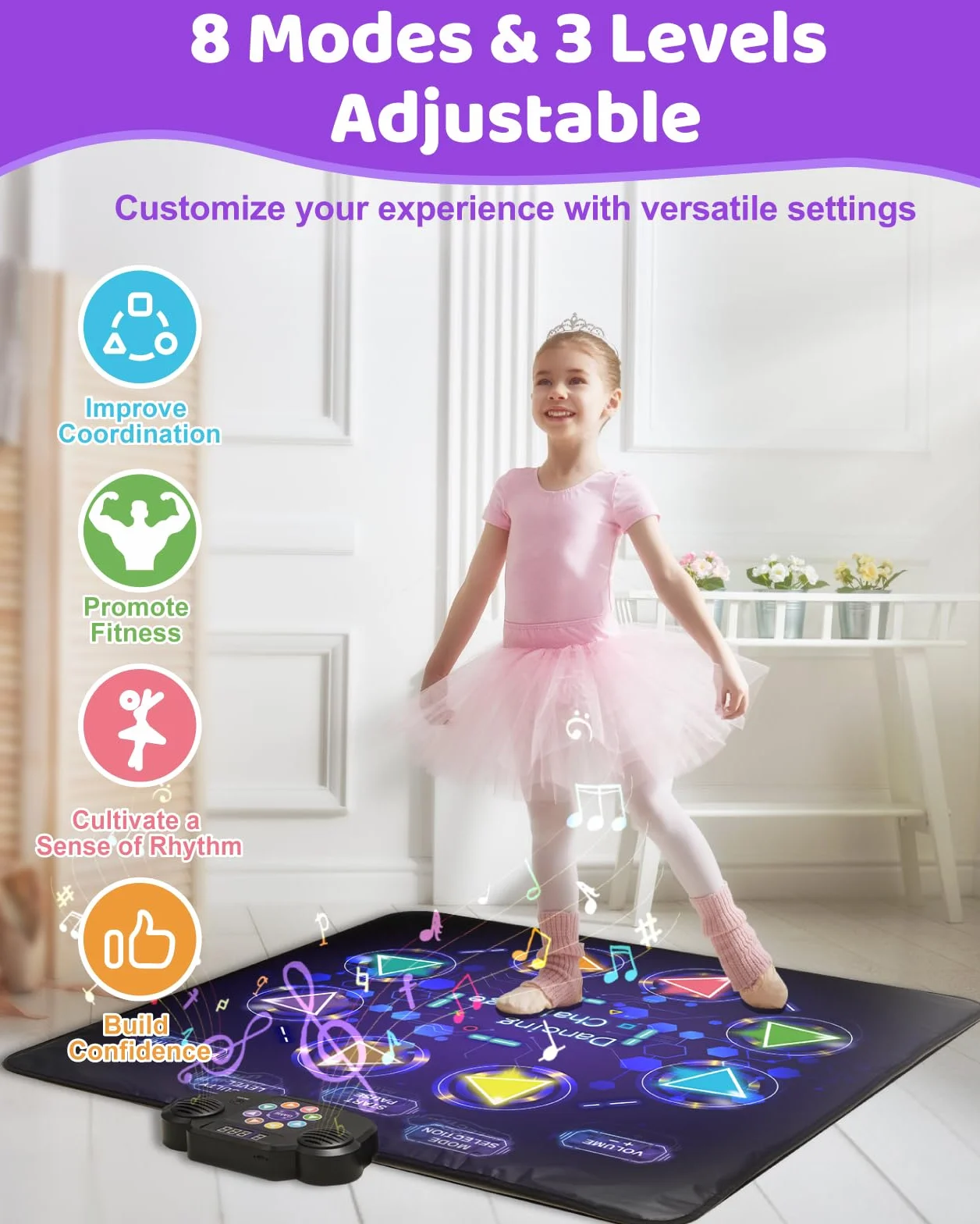 Gleamkid Tappetino da Ballo per Bambini Bluetooth, Tappeto Musicale a 8 Pulsanti Illuminati a LED con Volume Regolabile, 8 modalità e 3 Livelli di Difficoltà, Giochi Regalo per Bambini da 3 a 12 Anni