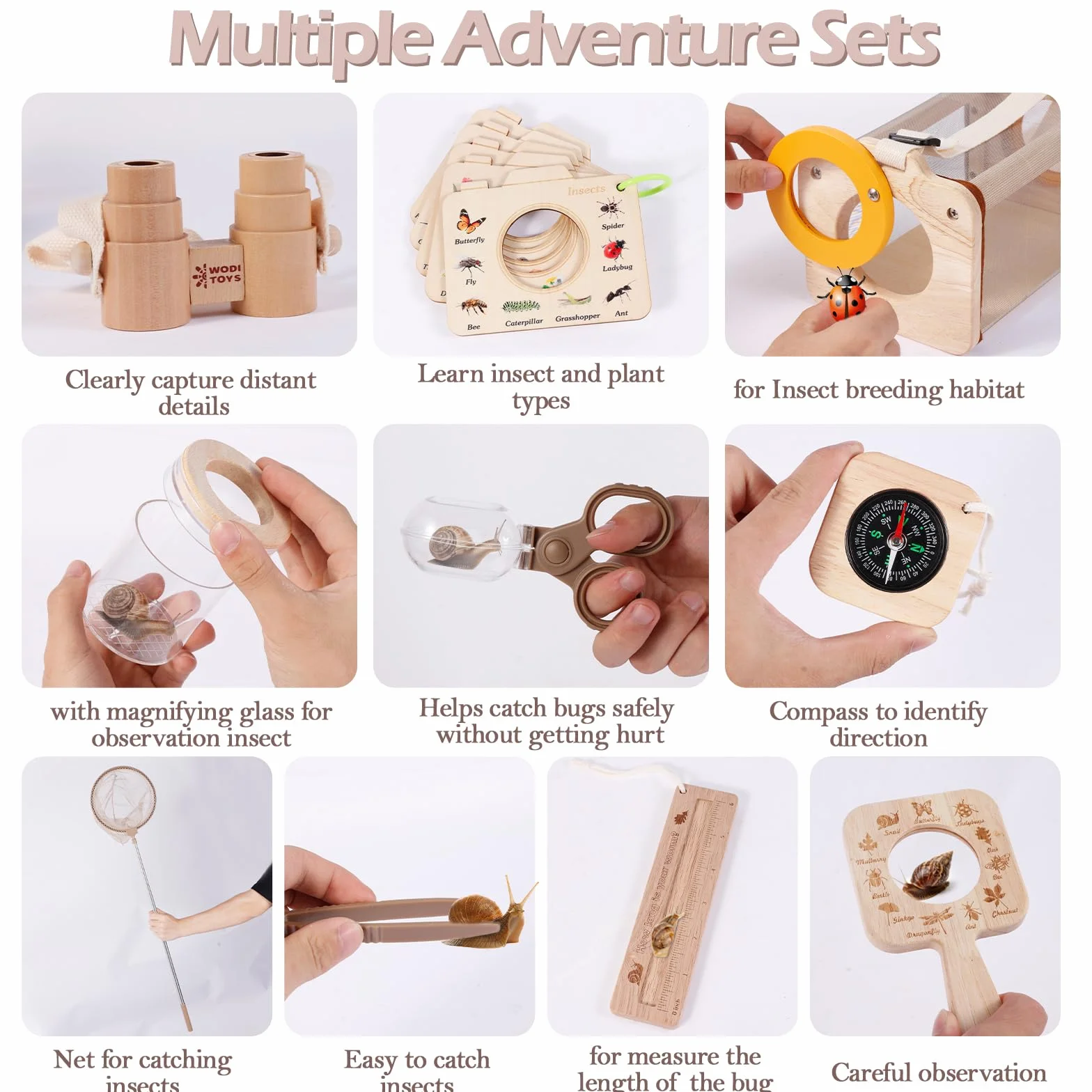 Astarama Kit acchiappa-Insetti in Legno per Bambini, 11 Pezzi Set da Esploratore con retino per Farfalle, Lente d'Ingrandimento, Habitat per Insetti, binocolo, Bussola, per Cortile e Campeggio
