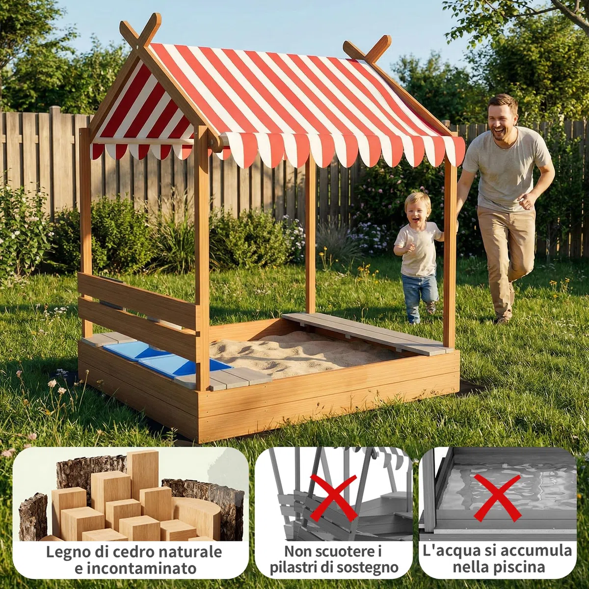 MAMIZO Grande Sabbiere da Esterno per Bambini 3-10 anni, Sandbox in Legno con Tetto, Recinto di Sabbia con Lavagna, Rubinetto, 2 Bacinella, Giardini Playhouse per Spiagge, Balconi, 113x116x142 CM