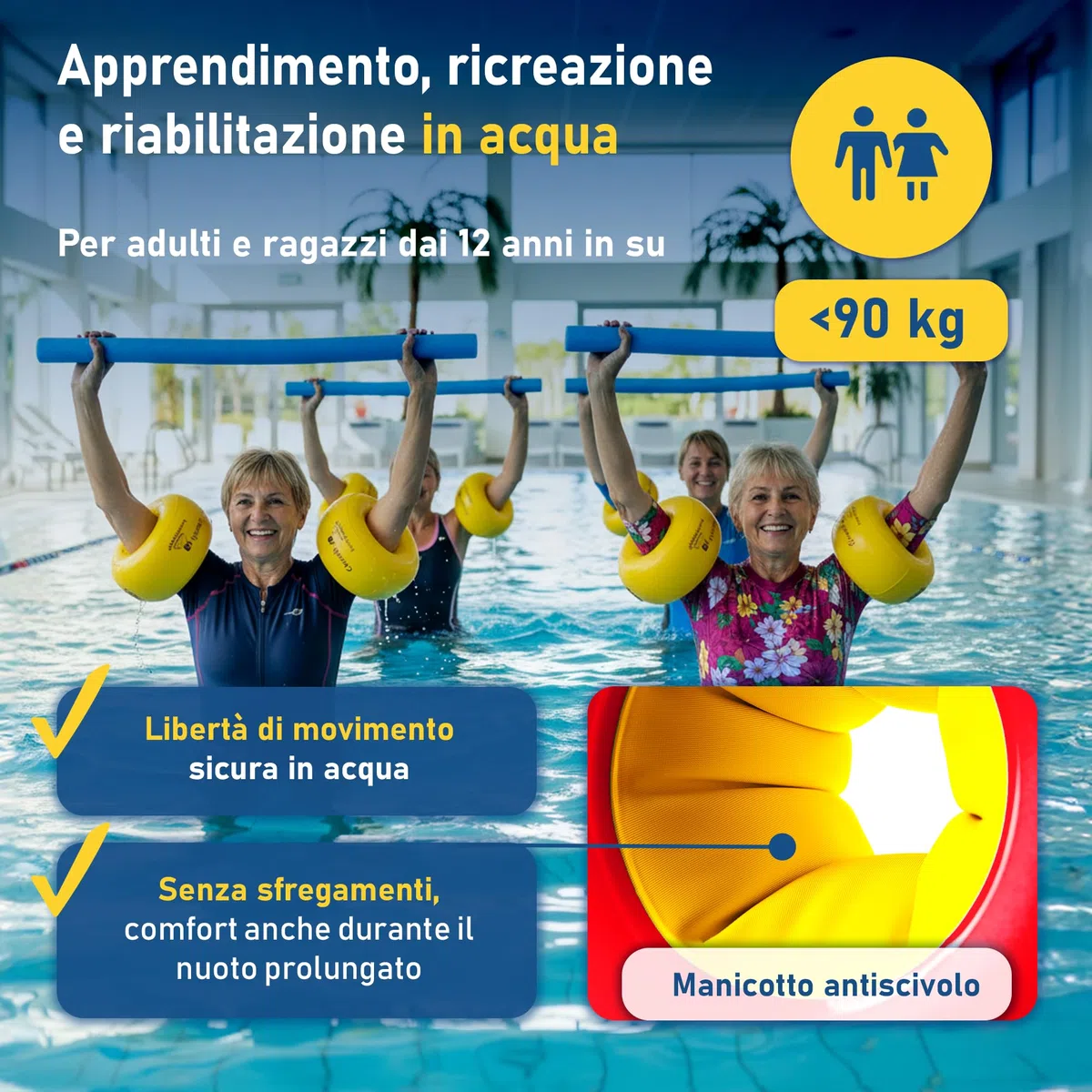 Braccioli da nuoto per adulti fino a 90 kg - Ausilio al galleggiamento per nuotatori e aquaterapia