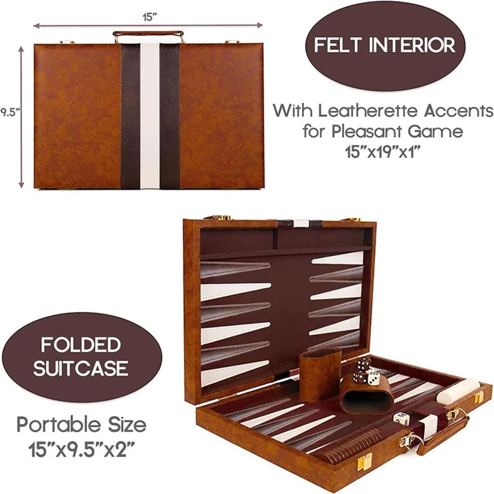 Backgammon Legno Set - Gioco da Tavolo Con Custodia in Pelle, Coppa per Dadi, Portatile e da Viaggio, 15 Pollici
