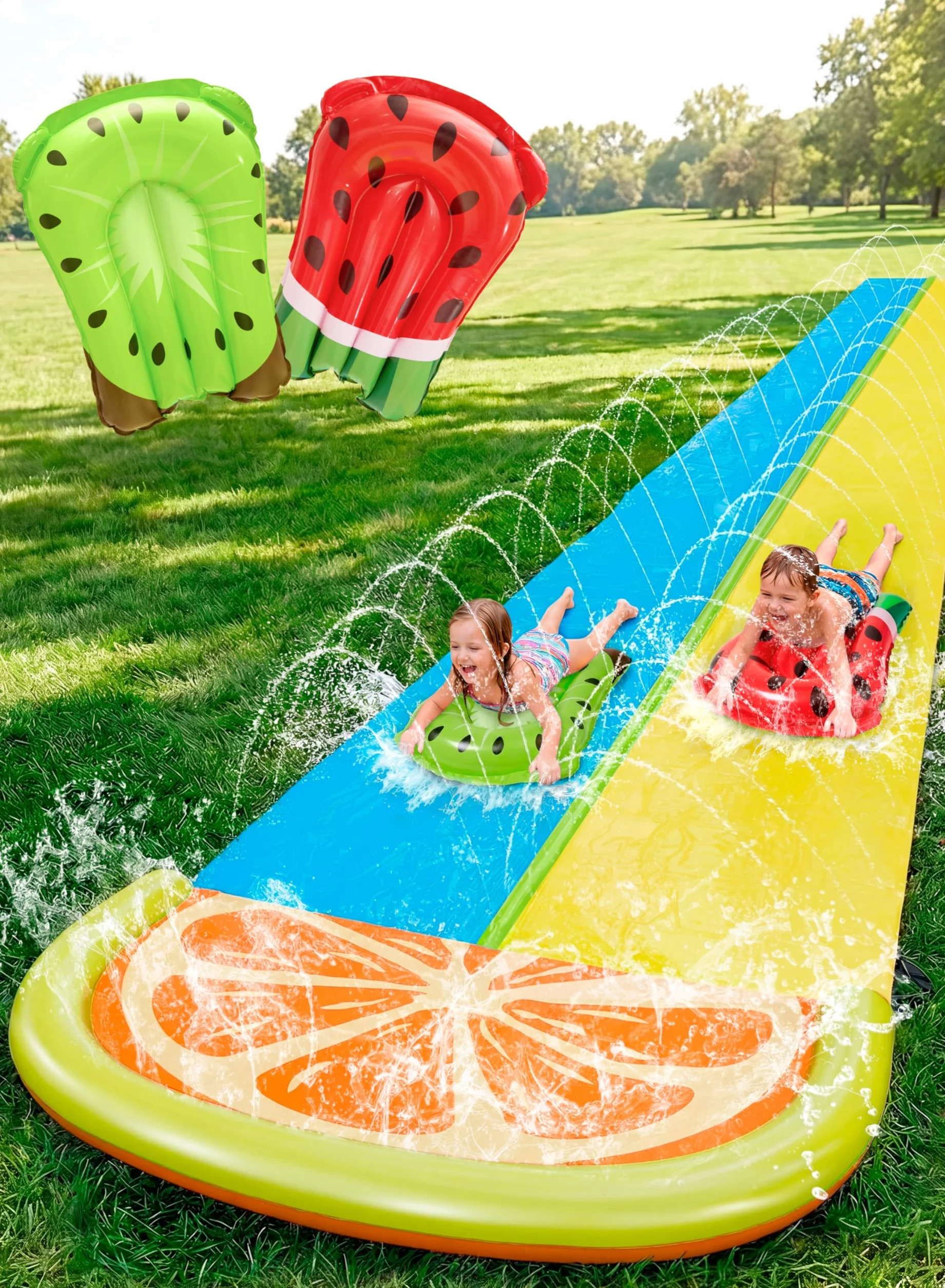 Sloosh Scivolo d'Acqua Gonfiabile 22,5ft con 2 Tavole, Doppio per Prato con Irrigatori, Giocattolo Estivo per Bambini e Adulti, Arancione