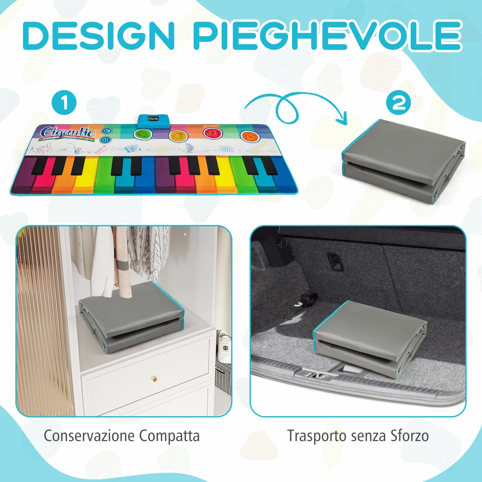 GYMAX Tappeto Pianoforte da 181 CM, Grande Tappeto da Ballo con Pianoforte a Tastiera con 24 Tasti, 8 Suoni di Strumenti, 10 Canzoni, Riproduzione e Volume Regolabile, per Bambini 3+ Anni