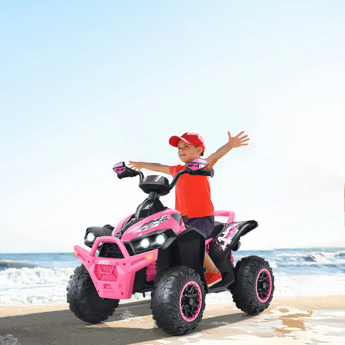 COSTWAY 12V Quad Elettrico per Bambini, Auto Cavalcabile con Luci LED Musica, 2,2-4,3 km/h, Rosa