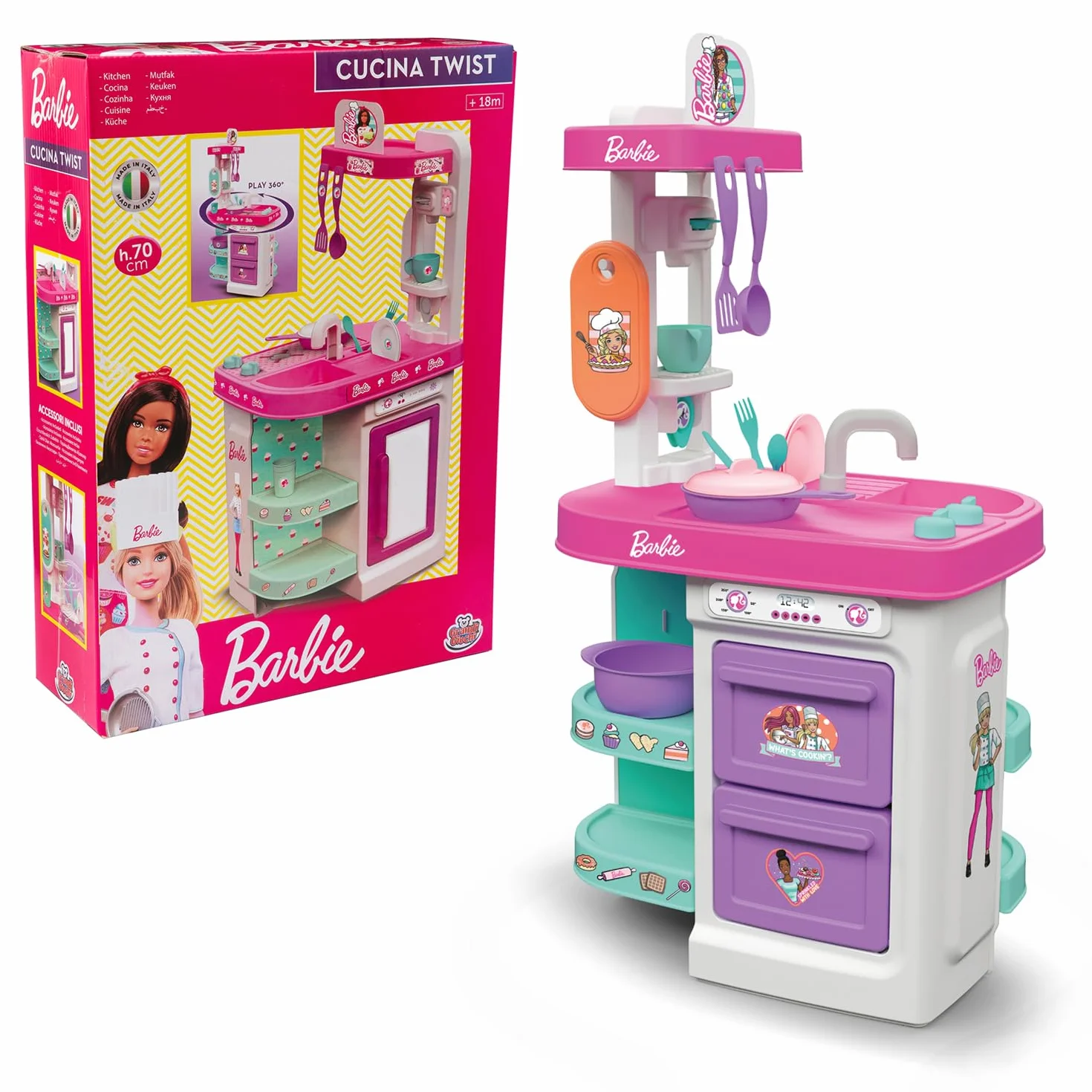 Grandi Giochi - Barbie Cucina Twist, cucina bifacciale 75 cm con tanti accessori - BAR49000