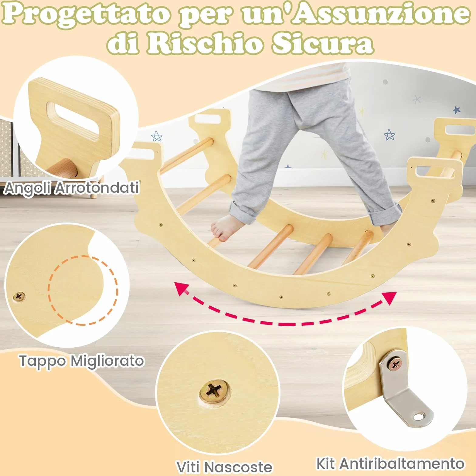 COSTWAY Arco da Arrampicata per Bambini, 2 in 1 Altalena ad Arco in Legno con Cuscino Morbido, Doppia Faccia, Ideale per Bambini 1+ Anni (Naturale)