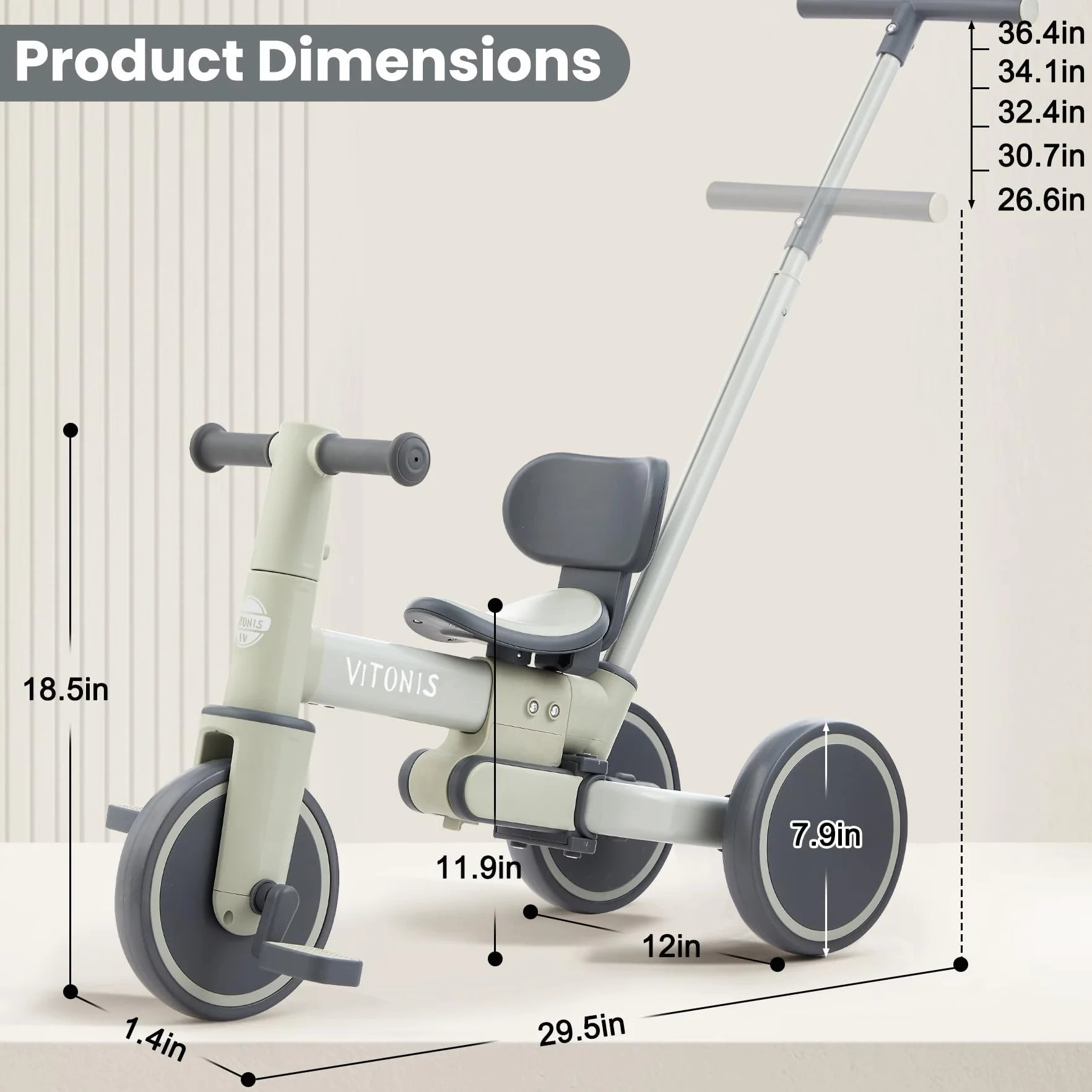 Bicicletta senza pedali da 1 anno, triciclo 5 in 1 con barra di spinta per bambini, bicicletta senza pedali per bambini piccoli, regalo per bambini e bambine