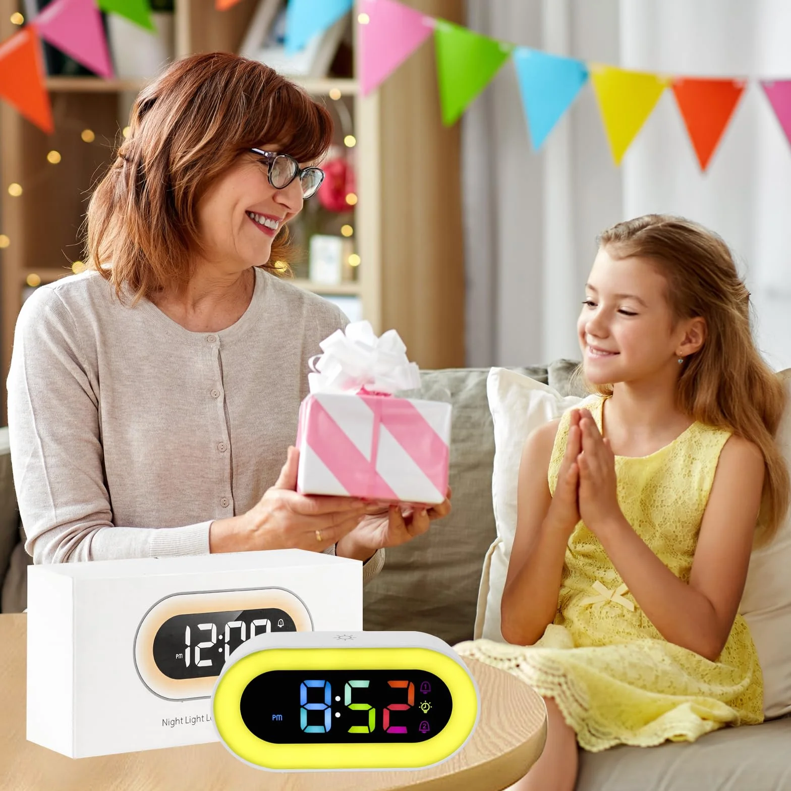 Seutgjie Sveglia Bambina, Sveglia Digitale da Comodino con Batteria USB Ricaricabile 2500mAh 9 RGB Luce Notturna Doppi Allarmi 18 Suonerie Modalità Snooze 12/24 ore Regalo Natale
