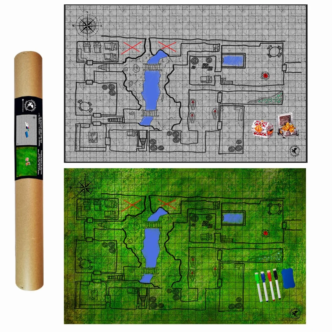 Dungeon Grid Game Mat, Pennarelli e Gomme, Scrigni del Tesoro, Tavolo da Gioco Riutilizzabile D&D