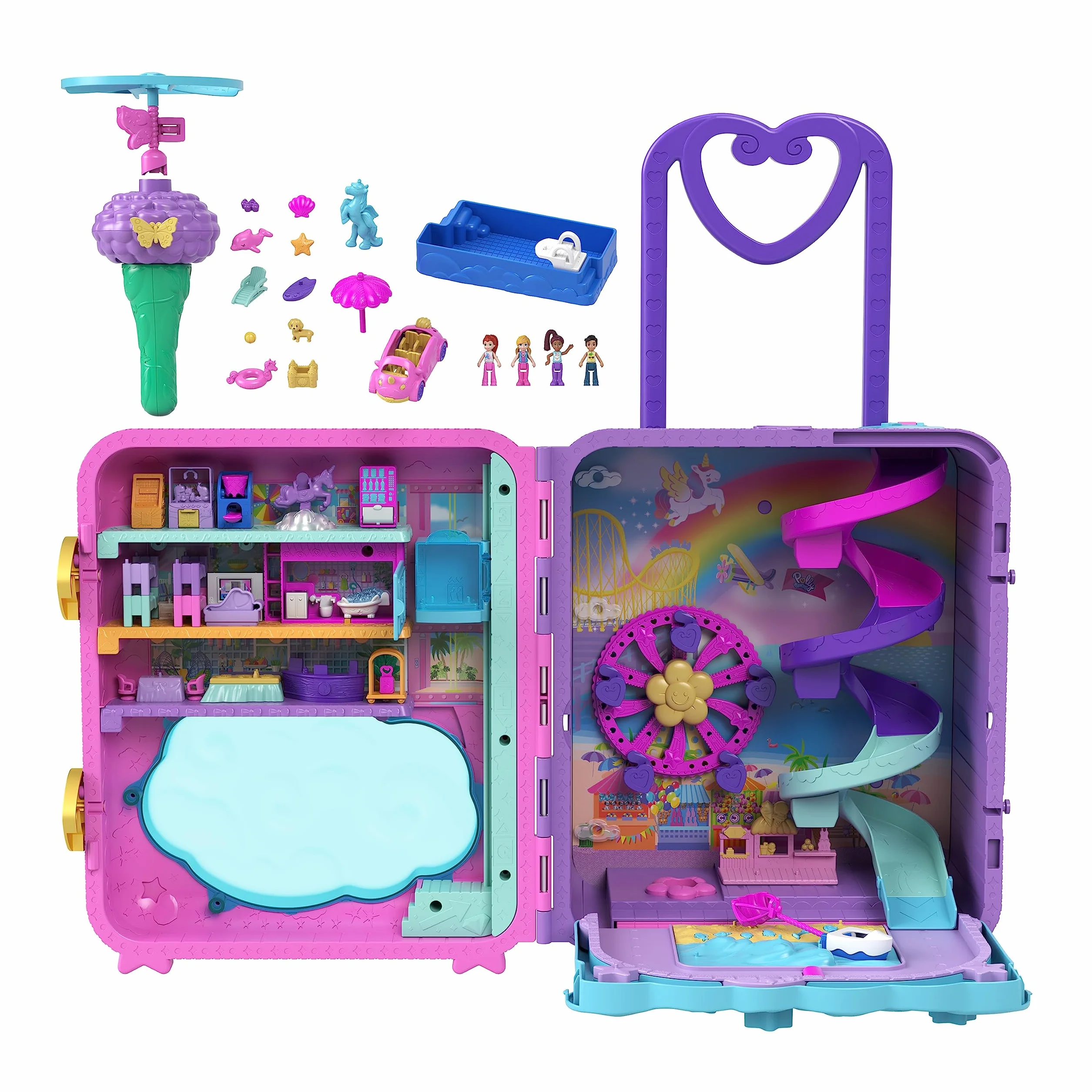 Polly Pocket Pollyville - Trolley Resort Vacanze, playset apribile con 3 località diverse, include 4 bambole, 1 veicolo e 25 accessori, giocattolo per bambini, 4+ anni, HKV43