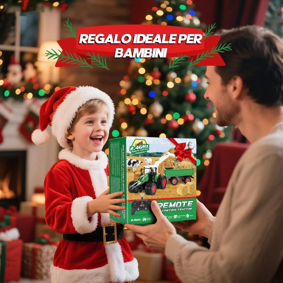 HappyGoLucky Trattore Telecomandato per Bambini, 2.4GHz, 1:16 Camion Telecomandato Fattoria Giocattolo con Luce, Rimorchio, Regalo Bambino 3-12 Anni Maschio, Regali Natale Bambini 2025 Halloween