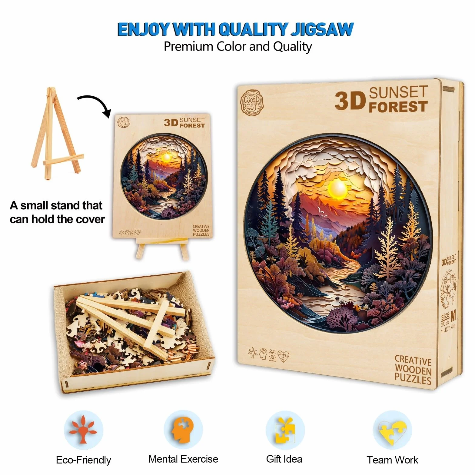 Puzzle in legno per adulti, 300 pezzi, visuale 3D, tramonto, foresta, puzzle in legno, per adulti, 34 x 34 cm, puzzle irregolare unico, puzzle in legno, a forma di animale, in legno con scatola in