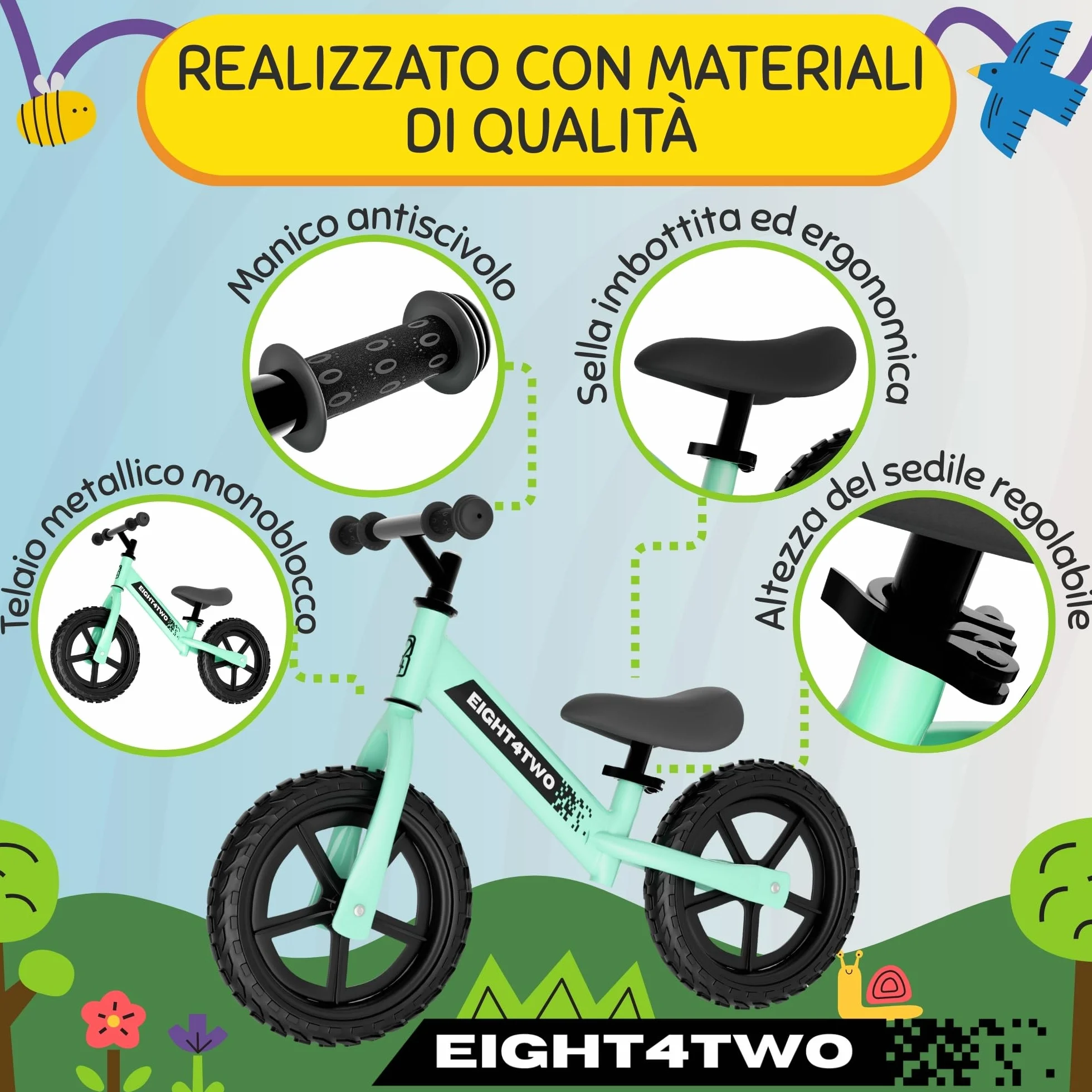 EIGHT4TWO Bicicletta senza pedali per bambini 2, 3, 4 e 5 anni - Bicicletta senza pedali Ideale per bilanciamento - Giocattoli per bambini di 2, 3, 4 e 5 anni.