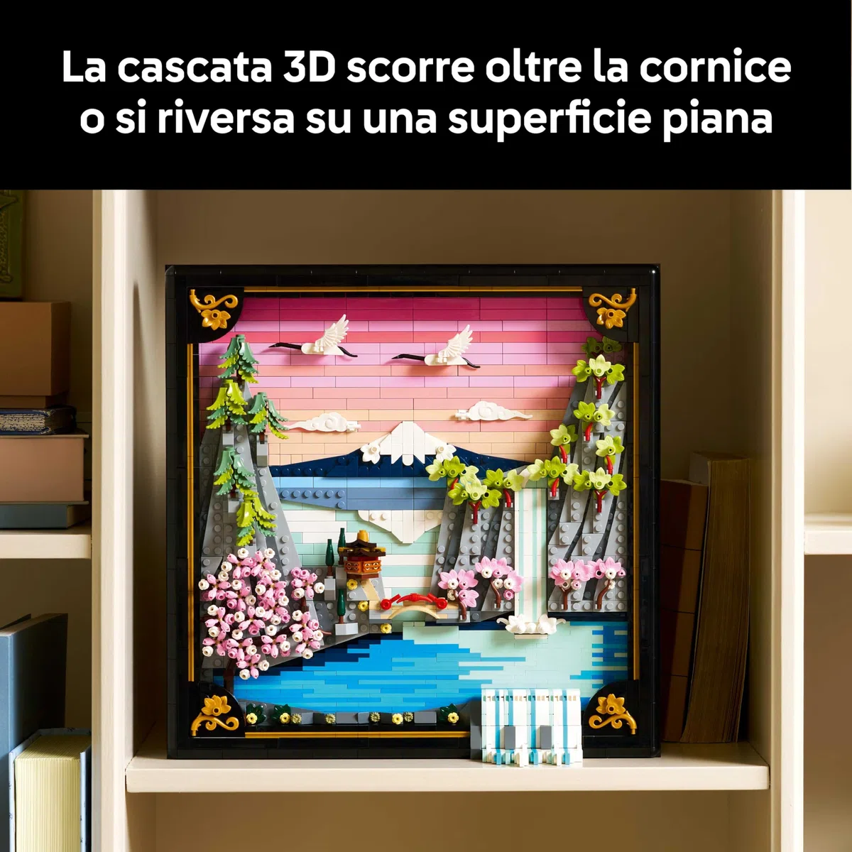 LEGO Art Japanese Cherry Blossom Landscape - DIY Miniature Model Kit for Adults - 3D Wall Art in Shadow Box Frame w/Mount Fuji, Sakura & Textured Waterfall - Gift Idea - 31218