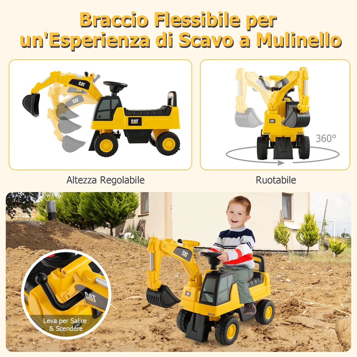 RELAX4LIFE Escavatore Ruspa Cavalcabile da 1-3 Anni per Bambini, con Licenza CATERPILLAR,Clacson suono,Braccio Girevole e Alzabile e e Vano Contenitore, 30x74x54 cm