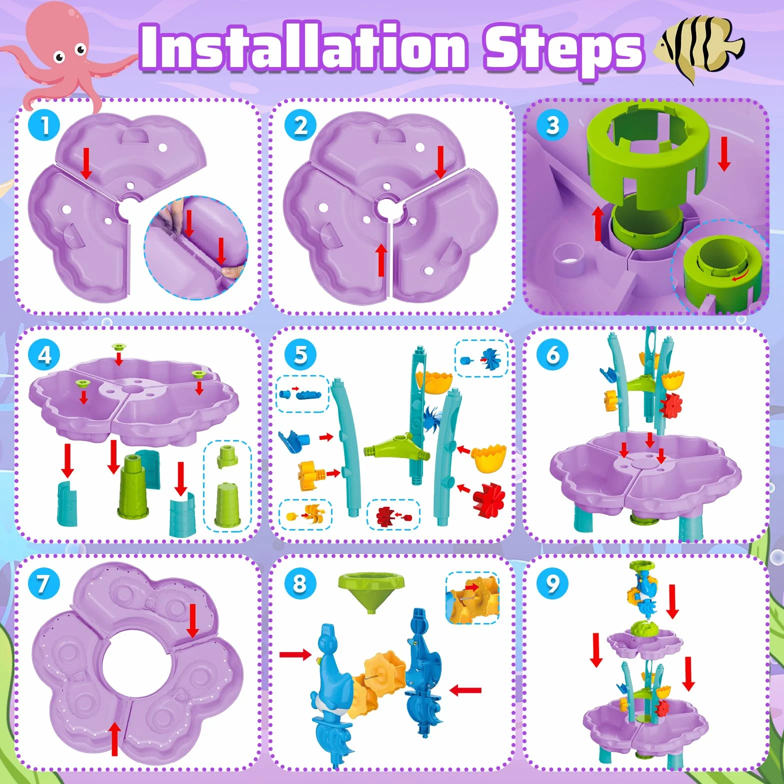 deAO Tavolo Acqua Bambini 3+ Anni – Tavolo Sensoriale Multilivello con Cascata e Fontana, Set 13 Accessori con Secchiello e Pale, Giochi da Esterno per Bambini Giardino Sabbiera