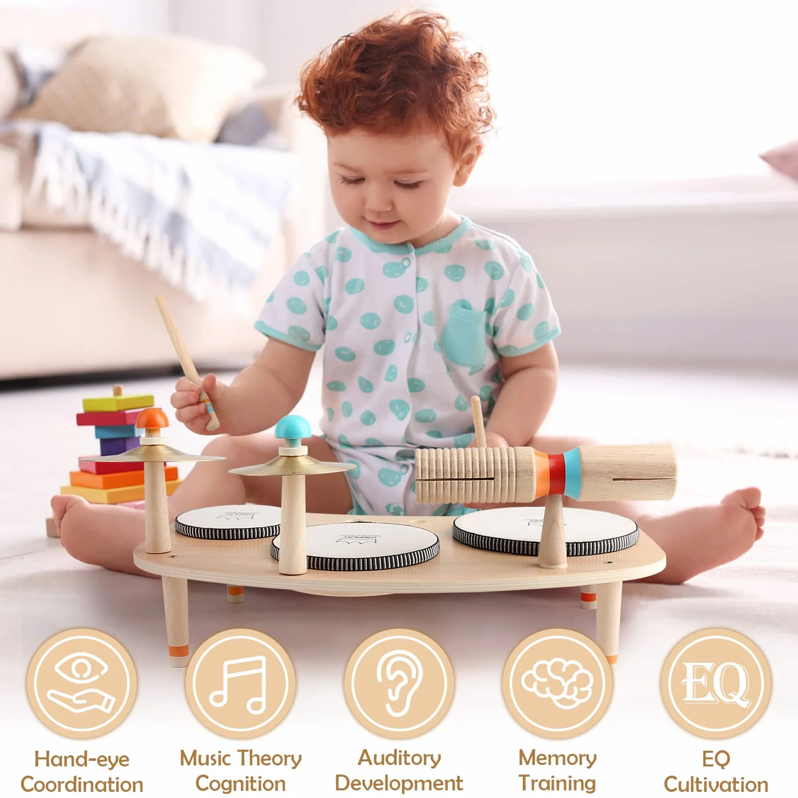 Vanplay Giochi Bambini Tamburo Bambino Strumenti Musicali Batteria per Bambini Giochi Legno Regalo Bambino 3 4 5 Anni