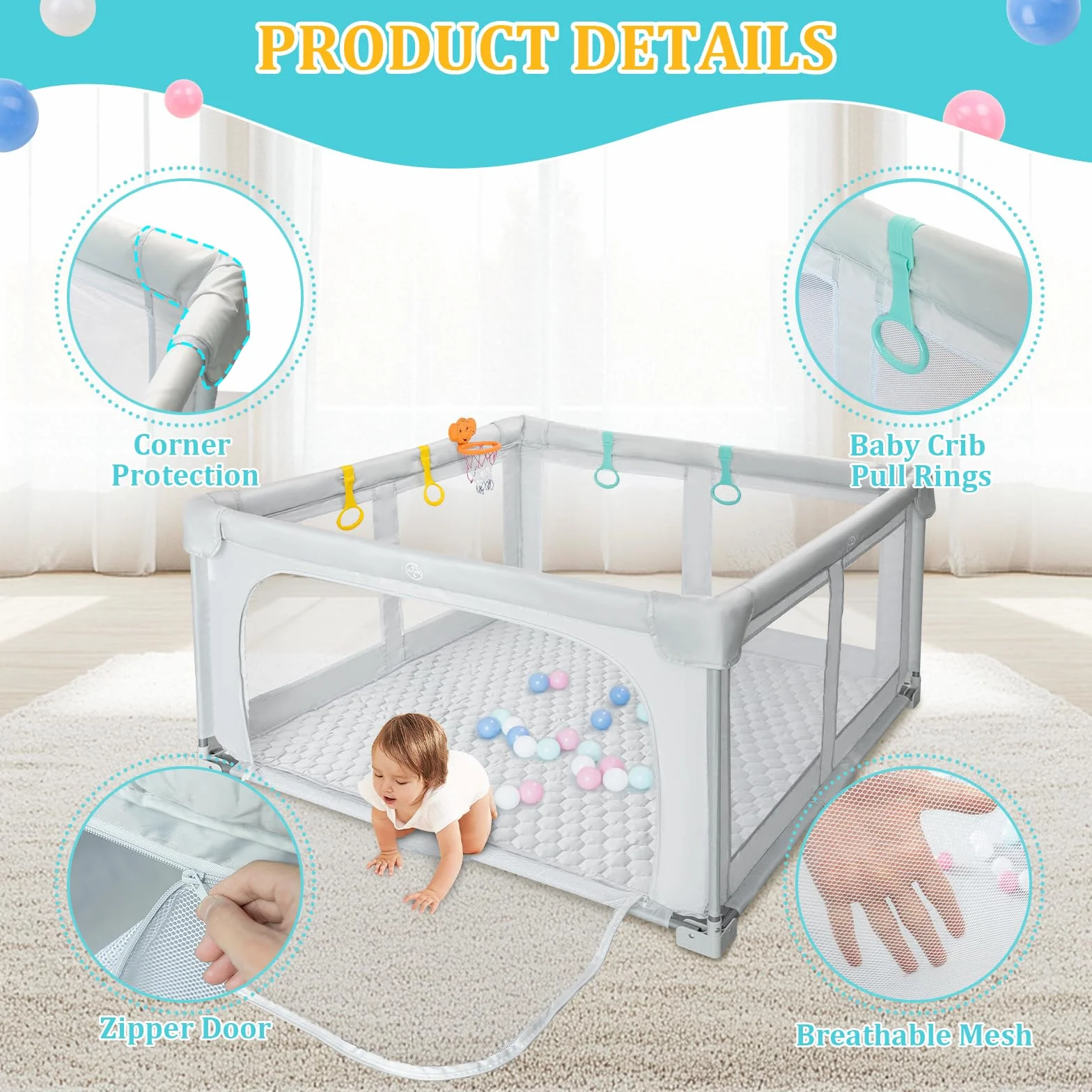 Piattaforma Gioco Bambini Pieghevole 127×127cm: Interna/Esterna – Borsa Trasporto, 20 Palle, 4 Anelli + Canestro, Tappeto Spuma