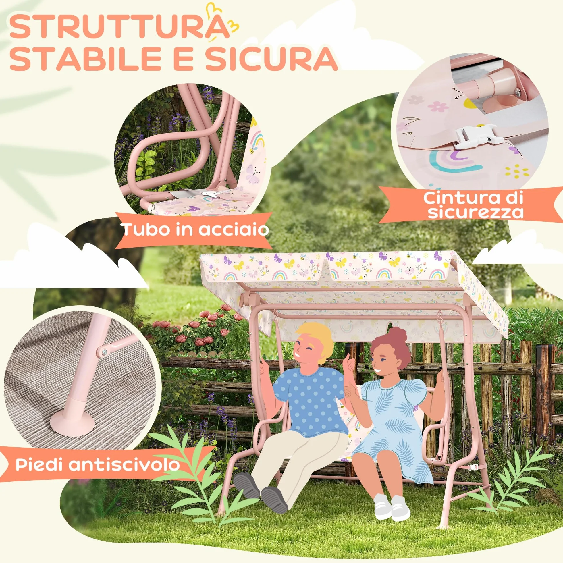 AIYAPLAY Dondolo per Bambini da Esterno a 2 Posti con Tettuccio Regolabile e Cinture di Sicurezza, Altalena Dondolo da Giardino e Interno in Acciaio e Oxford, Max 60 kg, 112x75x120 cm, Rosa