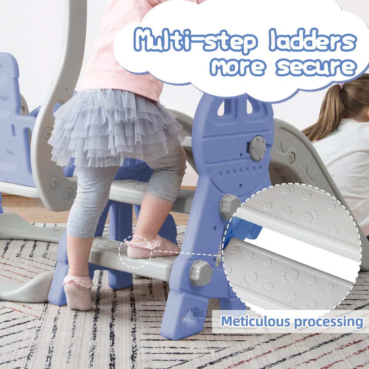 Scivolo per Bambini 4 in 1, scivoli all'aperto e al coperto, con cesto da basket, basket, altalena, scivolo e scaletta da arrampicata, area giochi al coperto e all'aperto (blu-2)