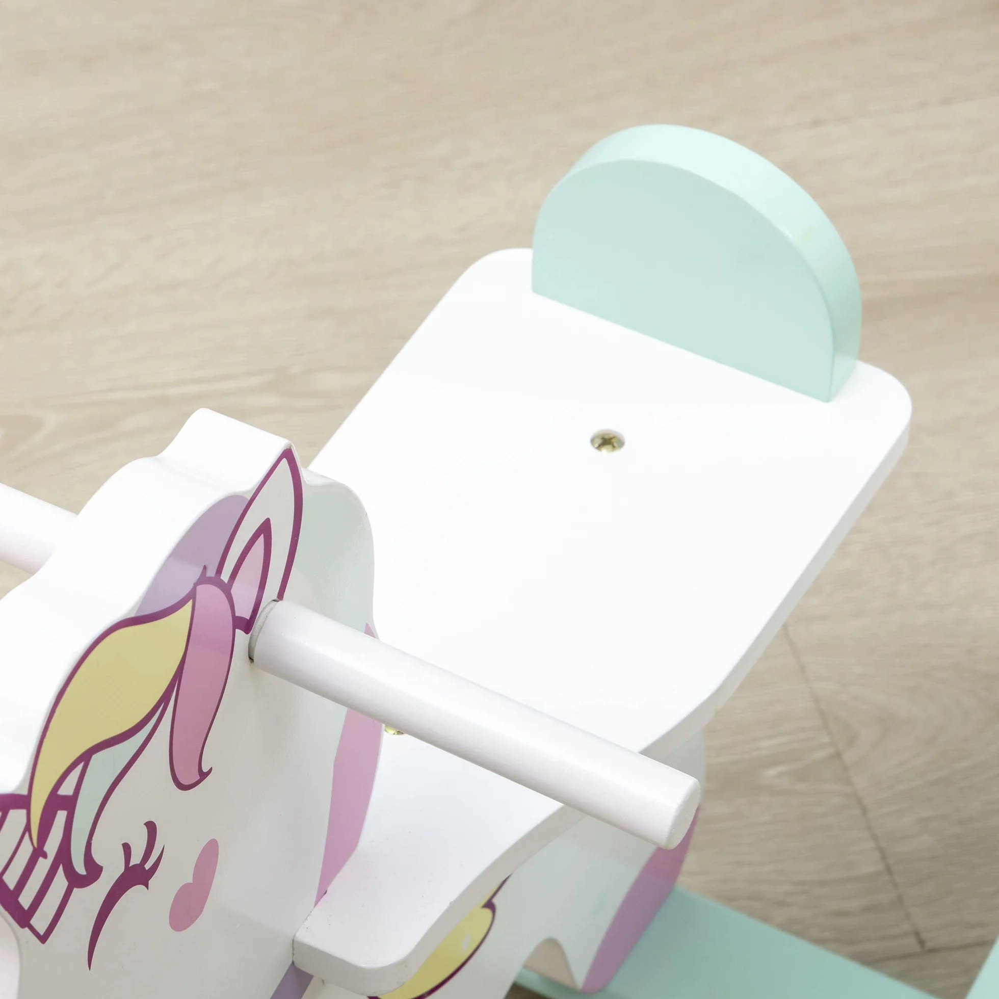 HOMCOM Cavallo a Dondolo per Bambini 1-3 Anni Cavalcabile, Cavalluccio a Dondolo con Maniglie, Schienale e Pedali in MDF, 68x27x47.5 cm, Blu Rosa Bianco