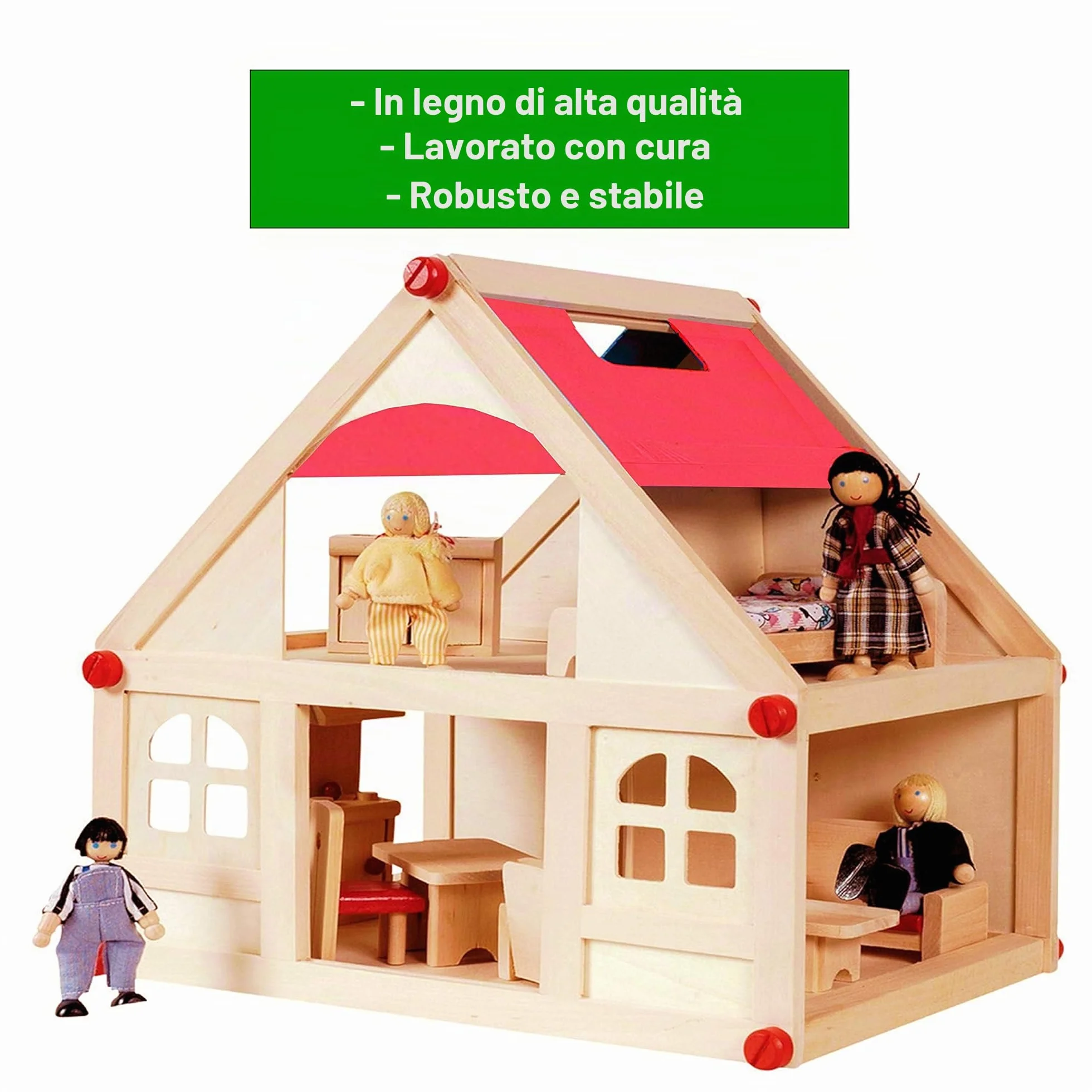Izzy Casa delle bambole in legno con 2 piani, 4 bambole e 9 mobili | Maniglia per il trasporto (casa delle bambole per bambini con 2 piani, mobili e accessori) - (38 x 27 x 39 cm)