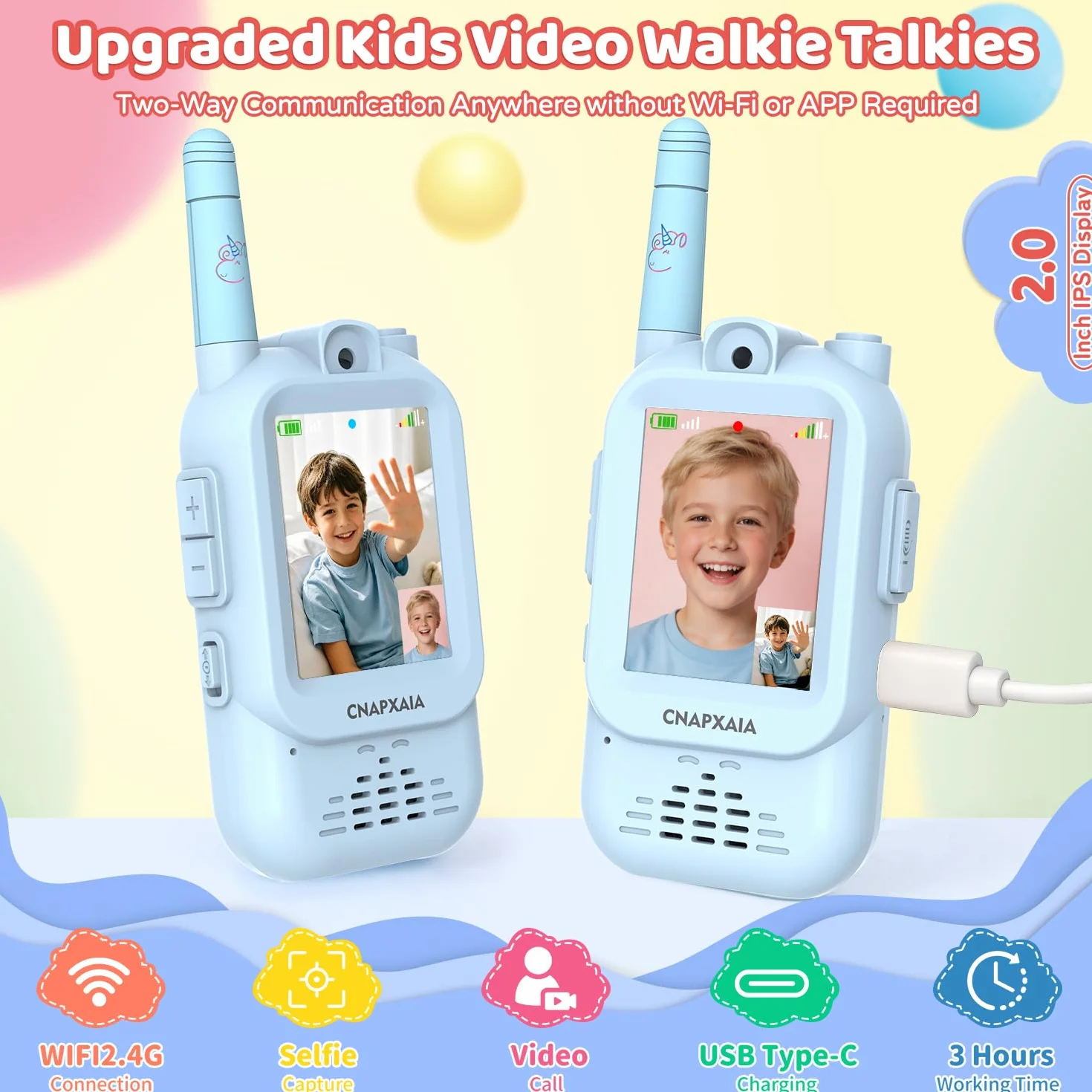 Walkie Talkie Bambini Video, Videochiamata Senza Internet e Senza App, Connessione Automatica, Selfie Emoji Messaggi Vocali, Gioco Interattivo Bambini 3-10 Anni Regalo (Blu/Blu)