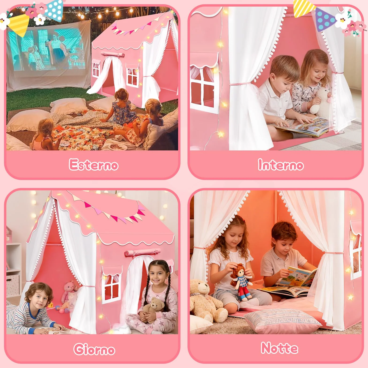 Tenda per Bambini Cameretta, Tenda da Gioco con 2 Porte per Interni Esterni con Luci LED e Bandierine, Rosa