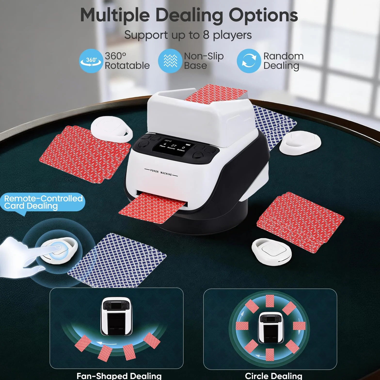 Distributore automatico di carte con telecomando – 4 mazzi, fino a 8 giocatori, generatore di carte elettrico per poker, ONU, Texas Hold'em – con estensione della carta, distanza di lancio regolabile