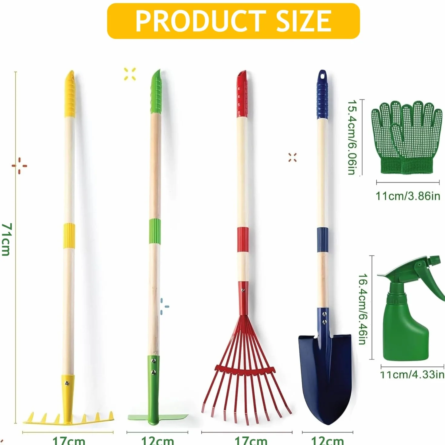 LATERN 6 Pezzi Attrezzi da Giardinaggio per Bambini, 71CM Metallo Grandi Pala Rastrello Zappa Foglie Rastrello con Manico in Legno, Annaffiatoio, Guanti - per Esterno Giardino Cortile Scavare Giocare