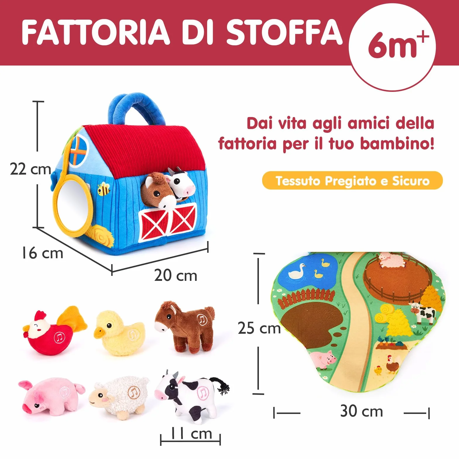 hahaland Giochi Bambini 1 anno - Fattoria Sonora in Peluche, con 6 Animali Morbidi e Suoni Realistici, Gioco Educativo Bambino Montessori Sensoriale Regalo 6 12 18 mesi