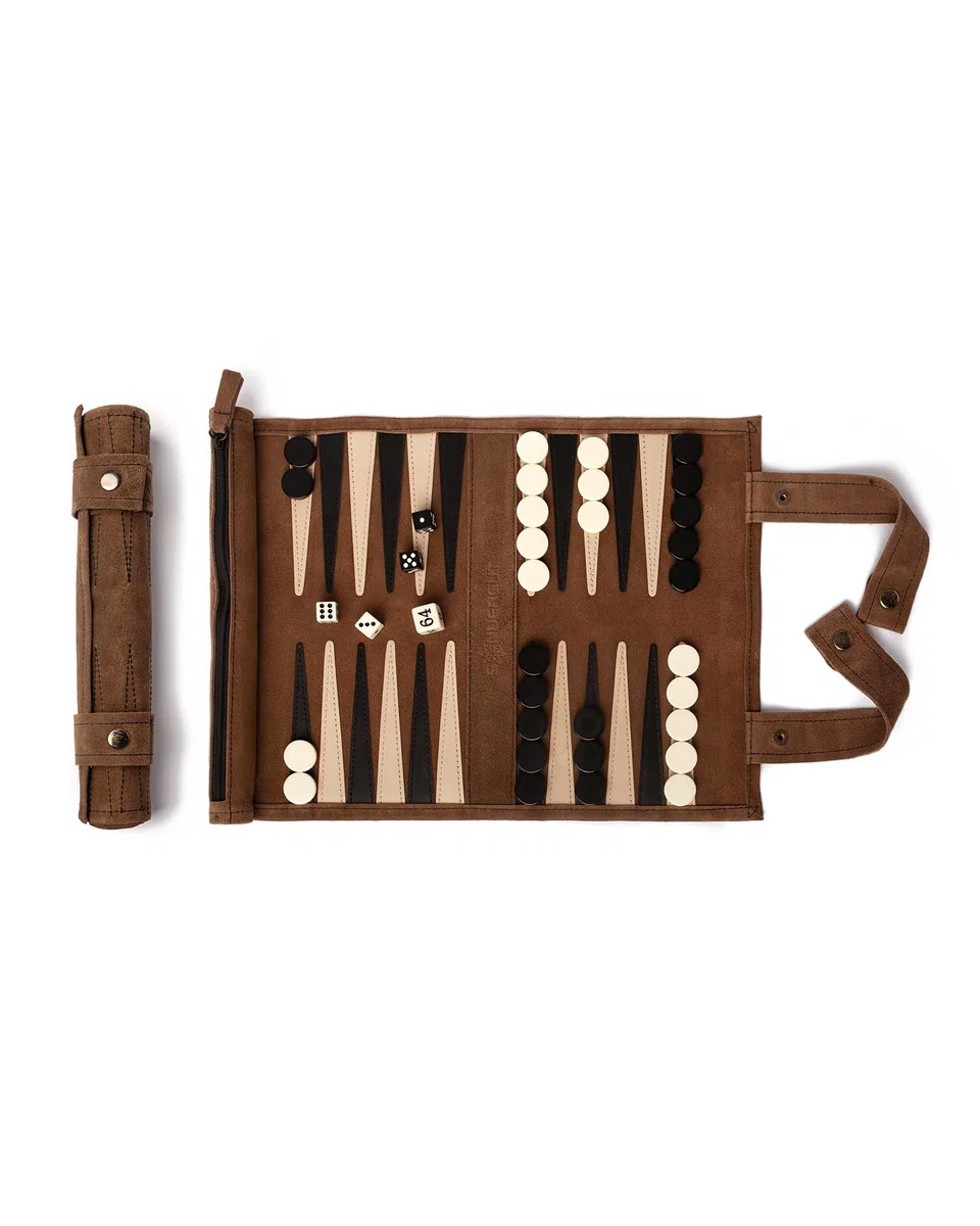 Sondergut Backgammon gioco da tavolo Mocca - Avvolgibile, in 100% pelle - L'originale dal 1998 - Perfetta idea regalo per gli appassionati del campeggio e dei viaggi - 25x34cm